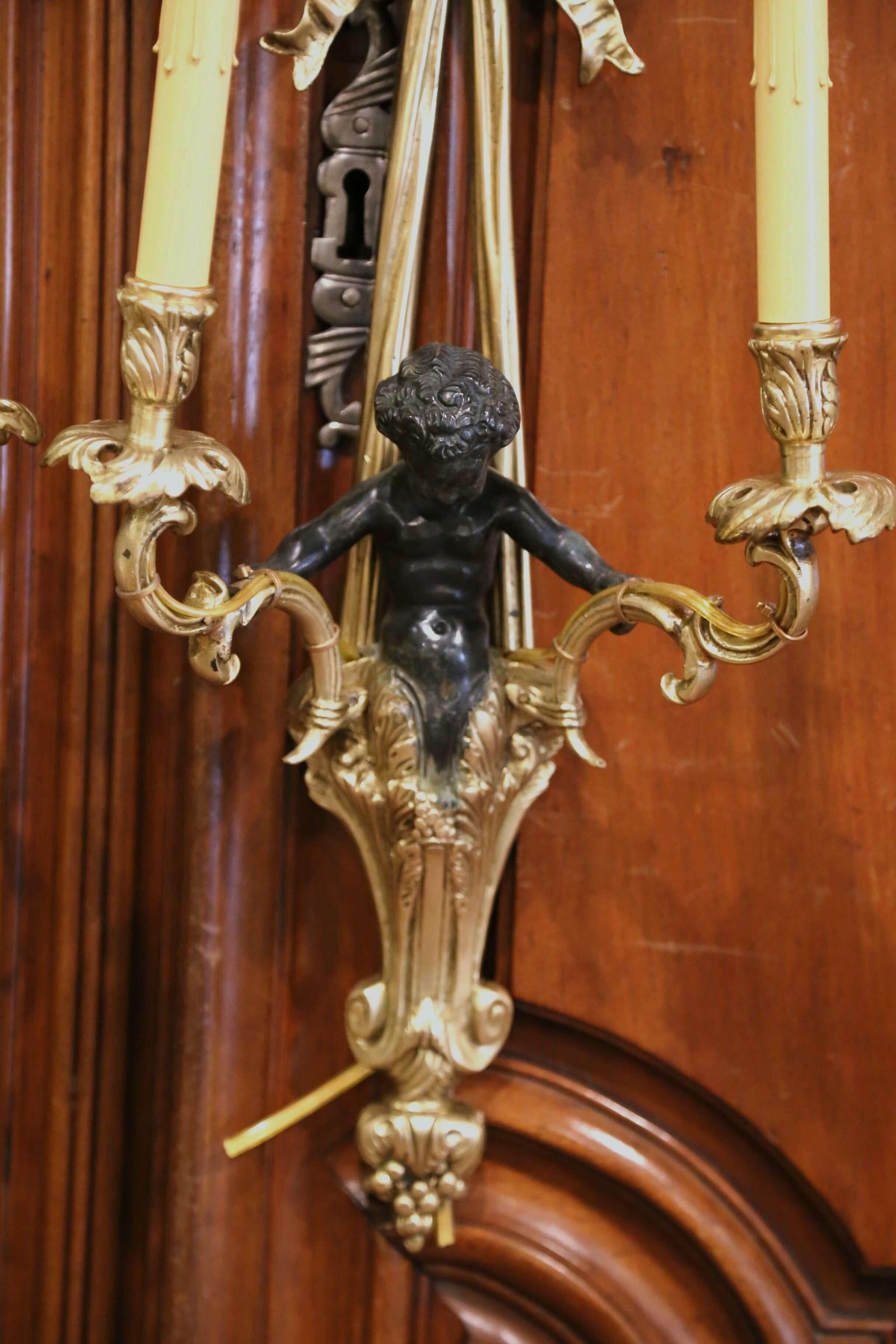 Pair of Mid-19th Century French Louis XVI Bronze Dore Wall Sconces with Cherubs 5