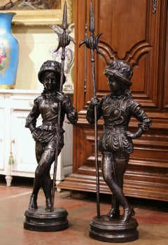 Pair of Mid-19th Century French Polished Iron Guard Statues with Halberd