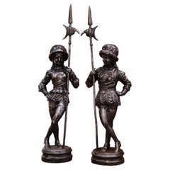Antique Pair of Mid-19th Century French Polished Iron Guard Statues with Halberd
