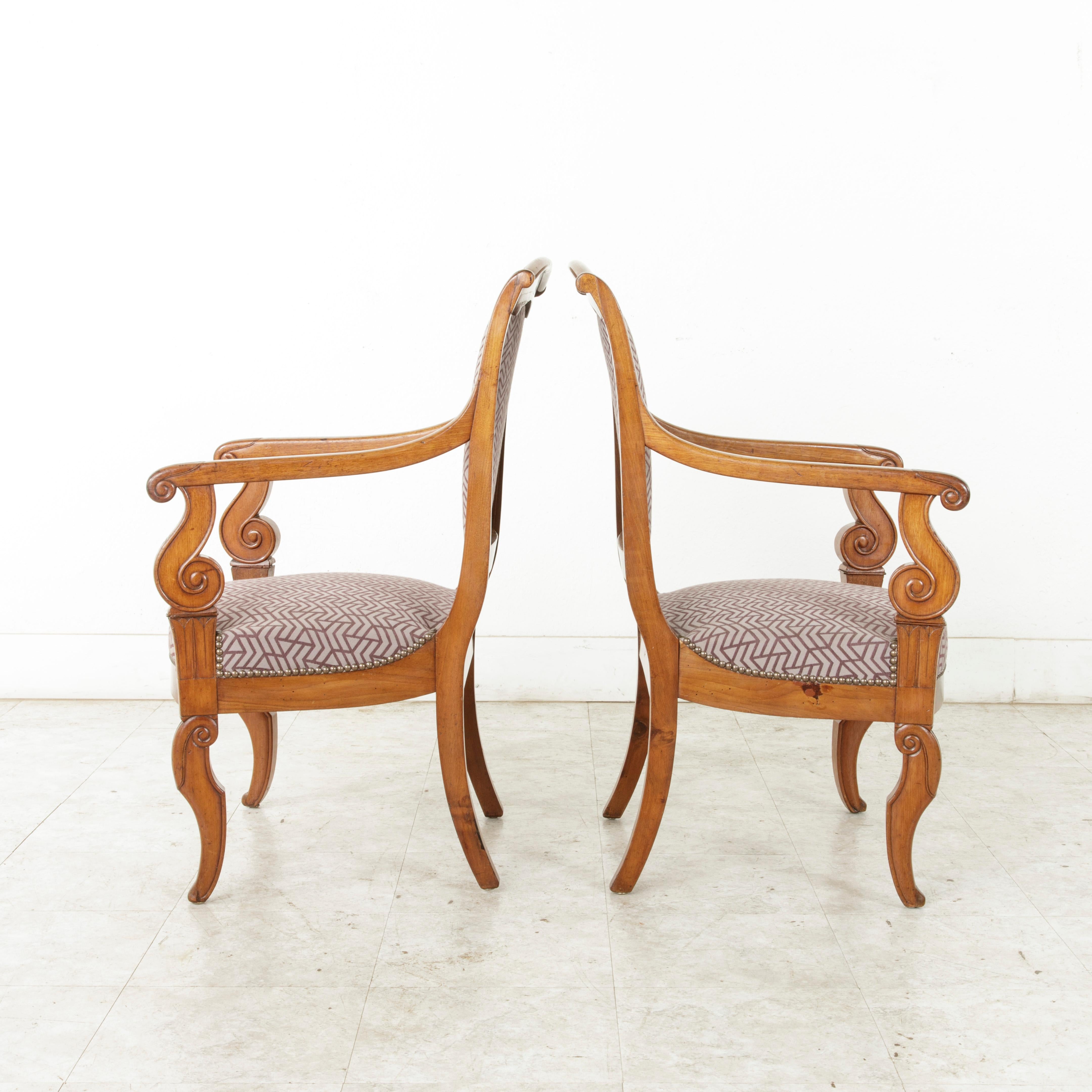 Upholstery Pair of Mid-19th Century French Restauration Period Walnut Armchairs or Bergeres