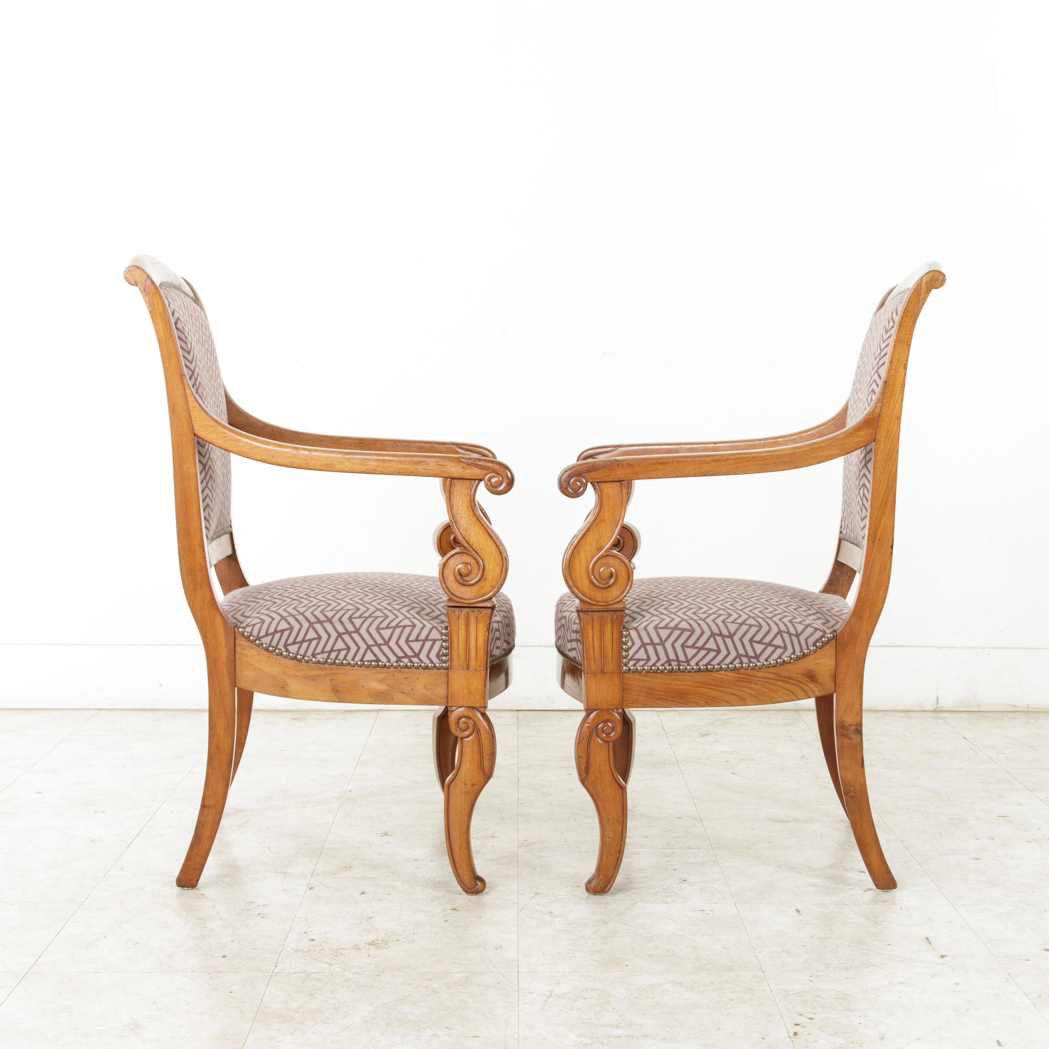 Pair of Mid-19th Century French Restauration Period Walnut Armchairs or Bergeres 2