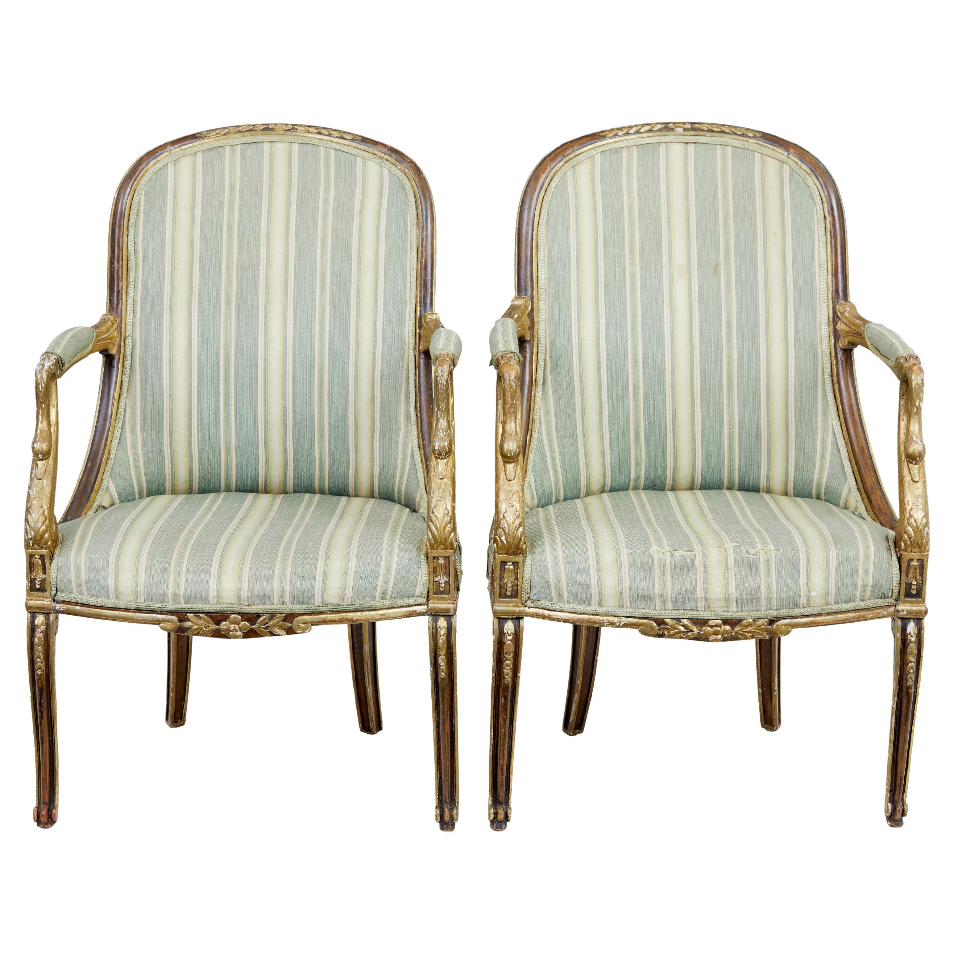 Pair of mid 19th century French walnut and gilt armchairs