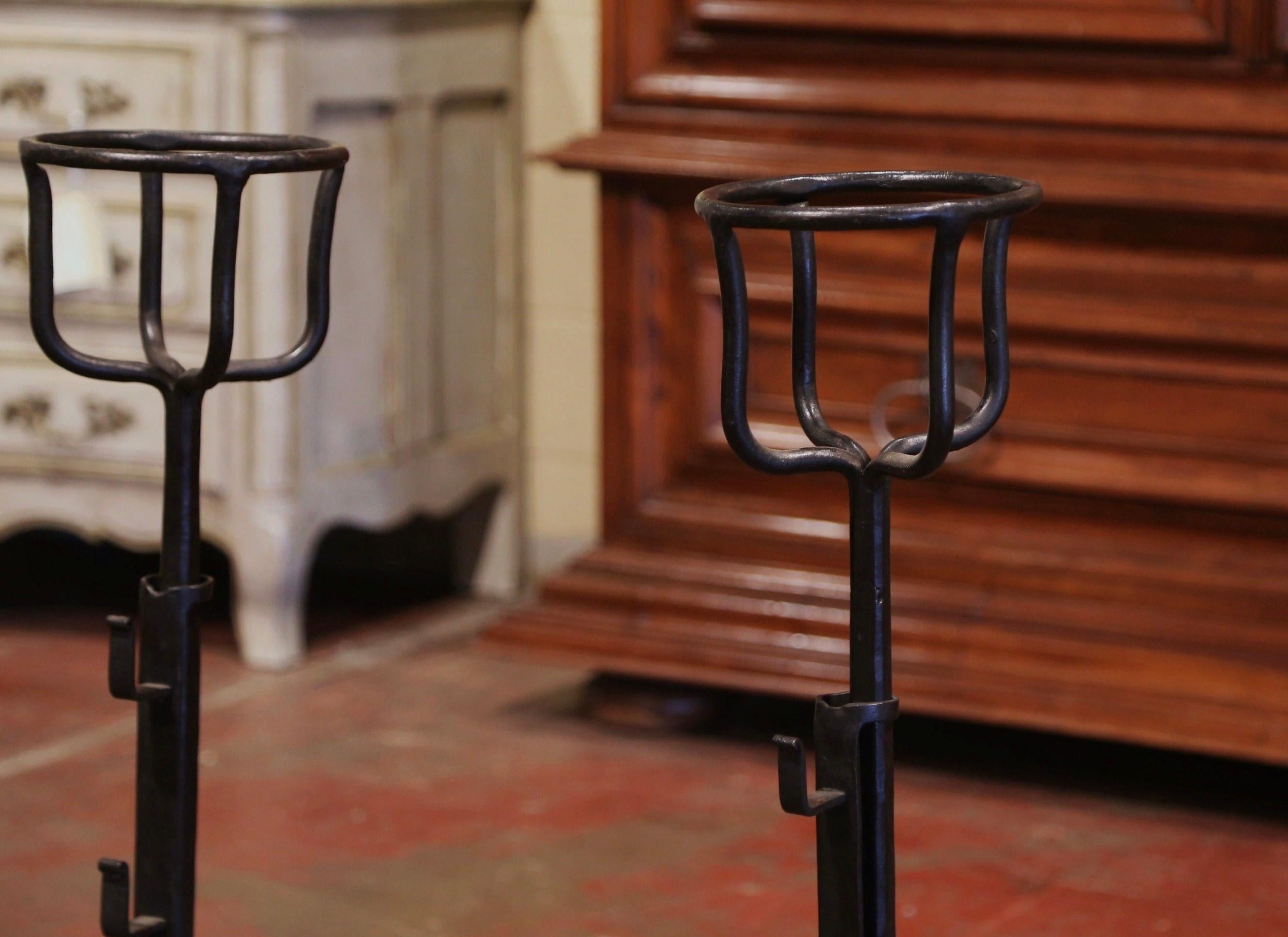 Gothic Pair of Mid-19th Century French Wrought Iron Andirons with Bowls For Sale
