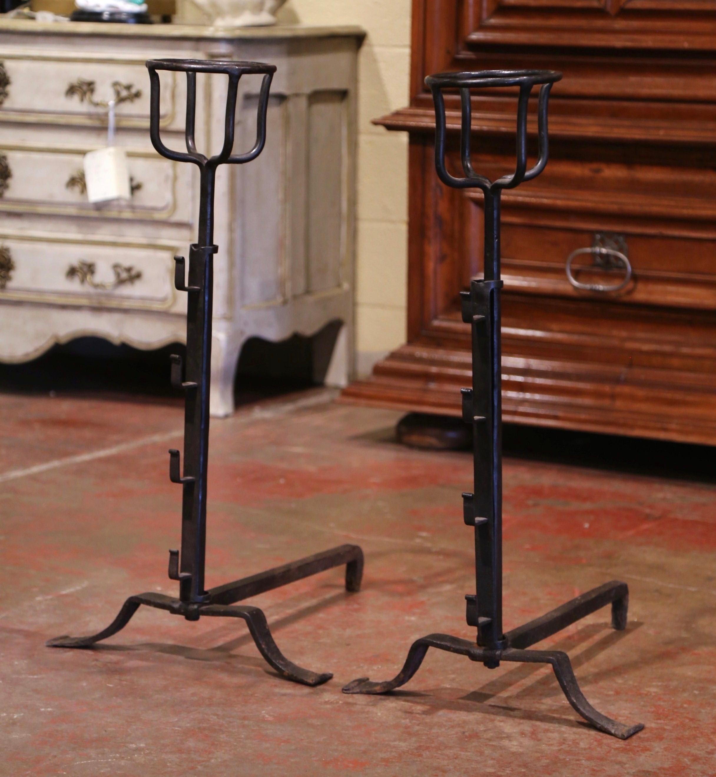 Patinated Pair of Mid-19th Century French Wrought Iron Andirons with Bowls For Sale