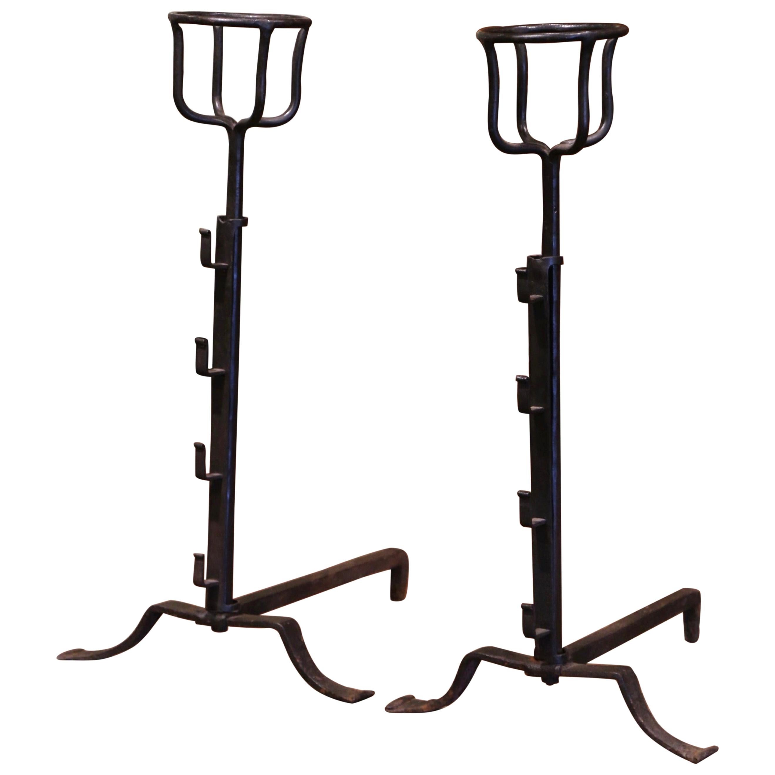 Pair of Mid-19th Century French Wrought Iron Andirons with Bowls For Sale