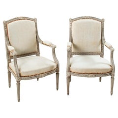 Pair of Mid-19th Century Hand Carved French Louis XVI Style Painted Armchairs