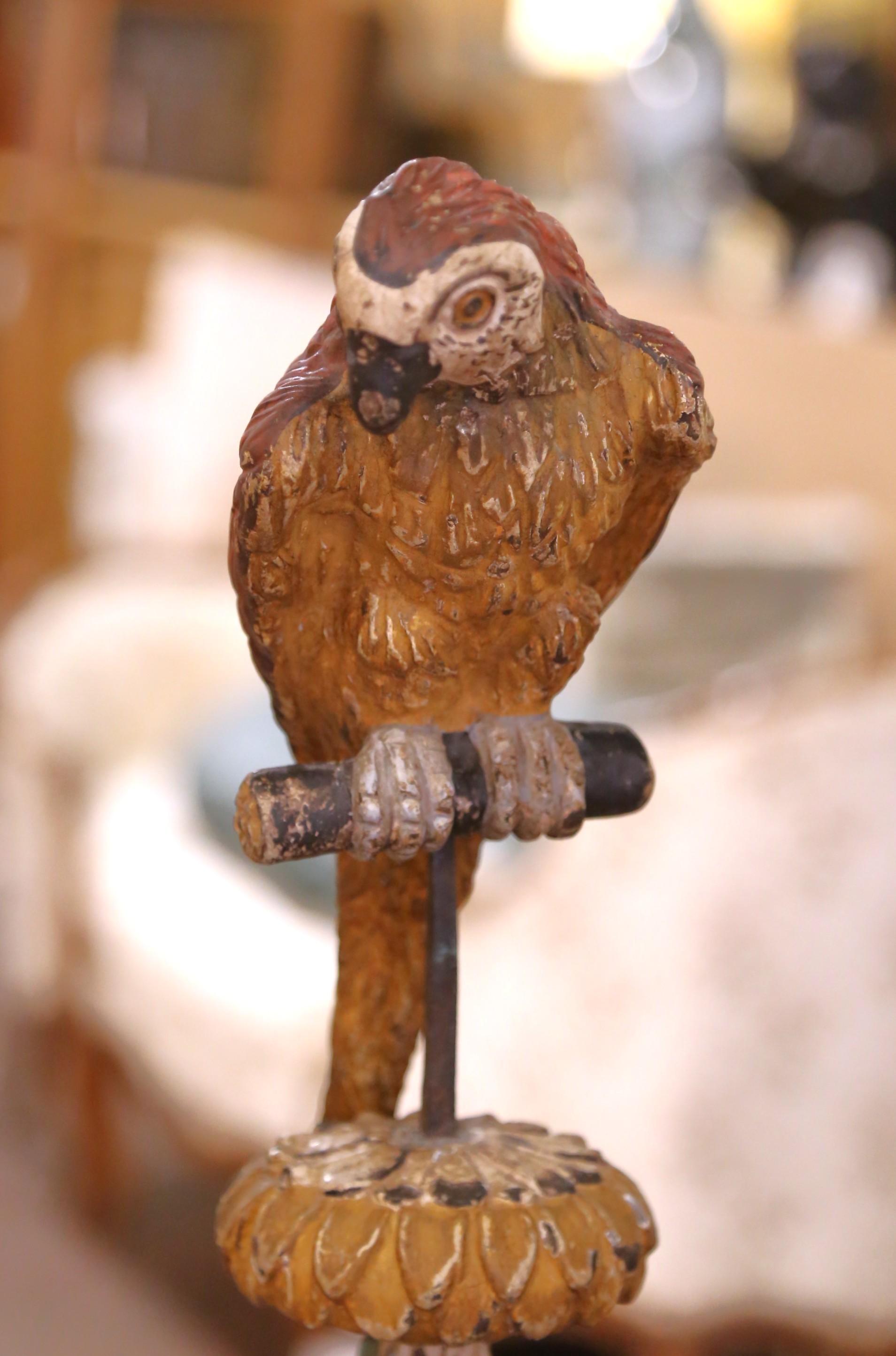 Hand-Carved Pair of Mid 19th Century Italian Carved and Painted Parrot Candlestick Stands For Sale