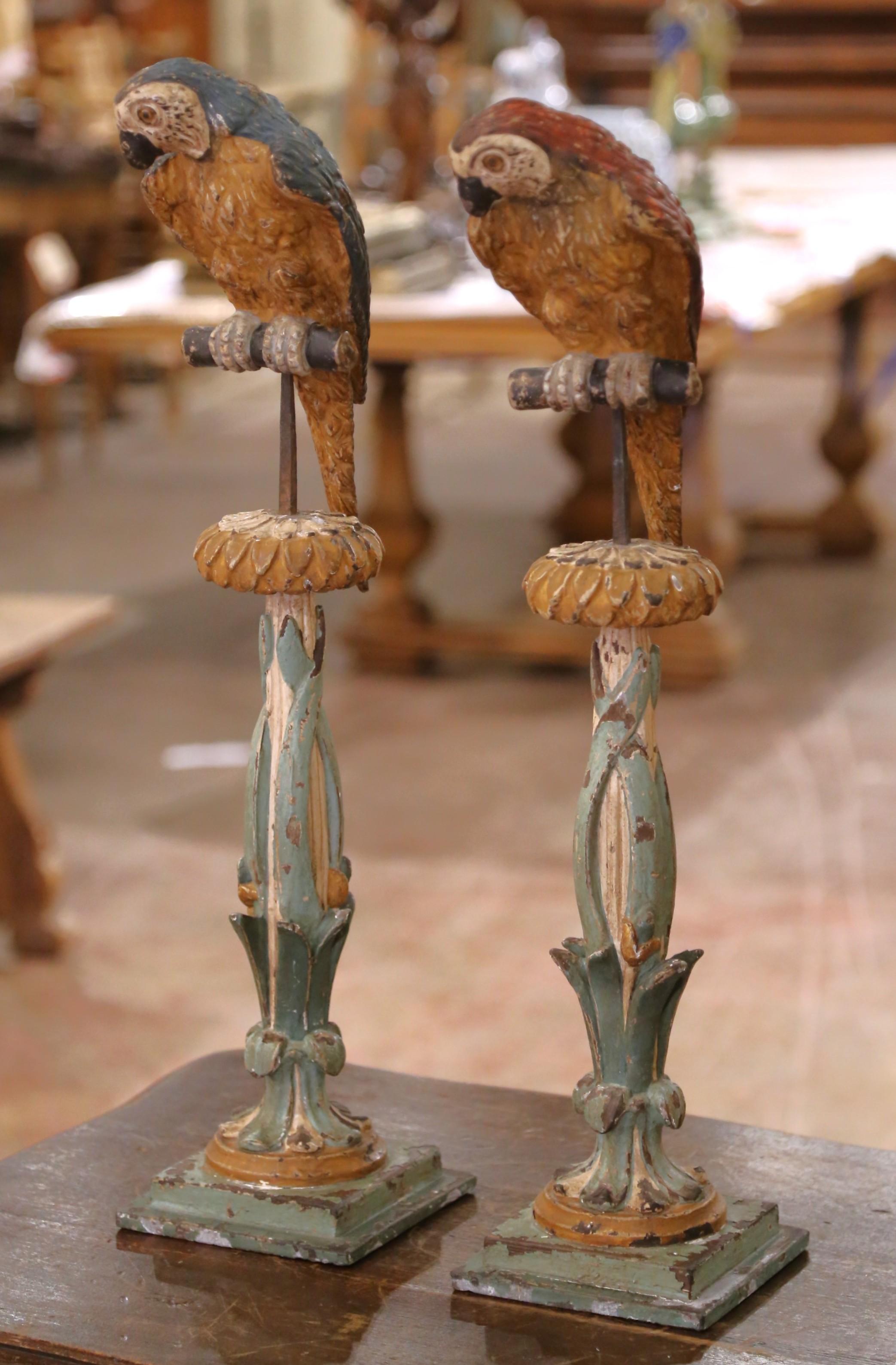 Pair of Mid 19th Century Italian Carved and Painted Parrot Candlestick Stands In Excellent Condition For Sale In Dallas, TX