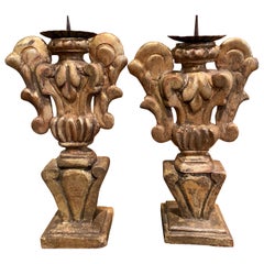 Pair of Mid-19th Century Italian Carved Giltwood Candleholders Prickets