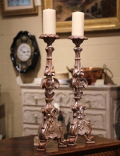 Pair of Mid-19th Century Italian Carved Silver Leaf Candlesticks Prickets