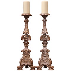 Pair of Mid-19th Century Italian Carved Silver Leaf Candlesticks Prickets