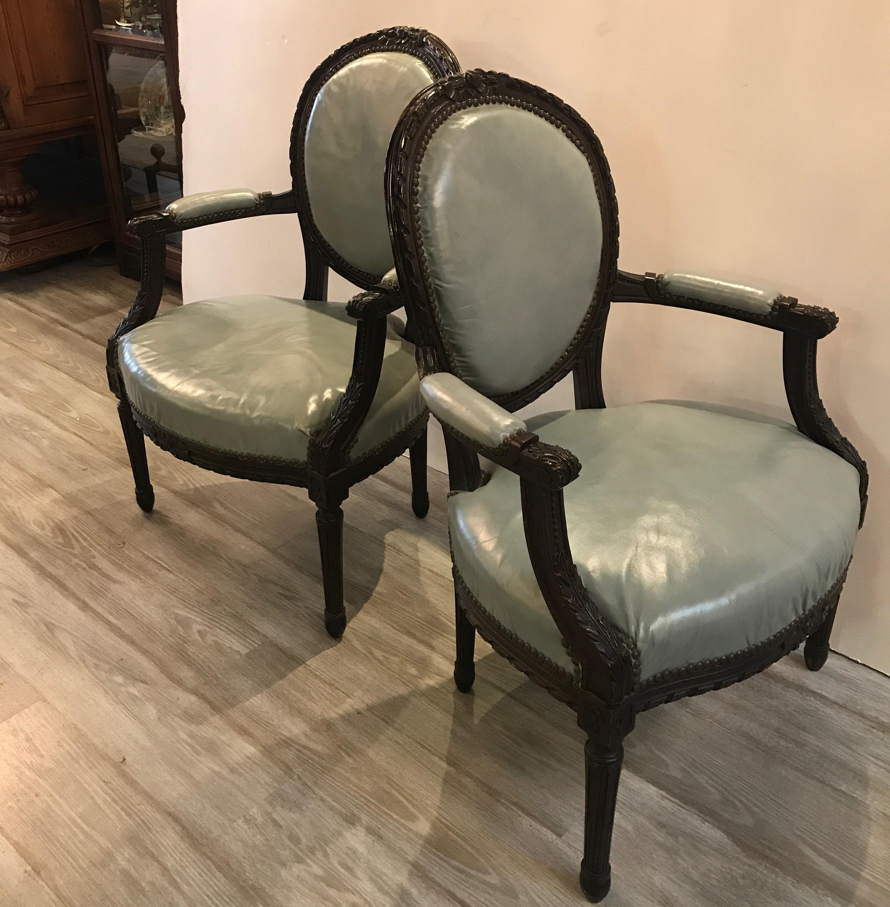 Walnut Pair of Mid-19th Century Louis XVI Style Armchairs