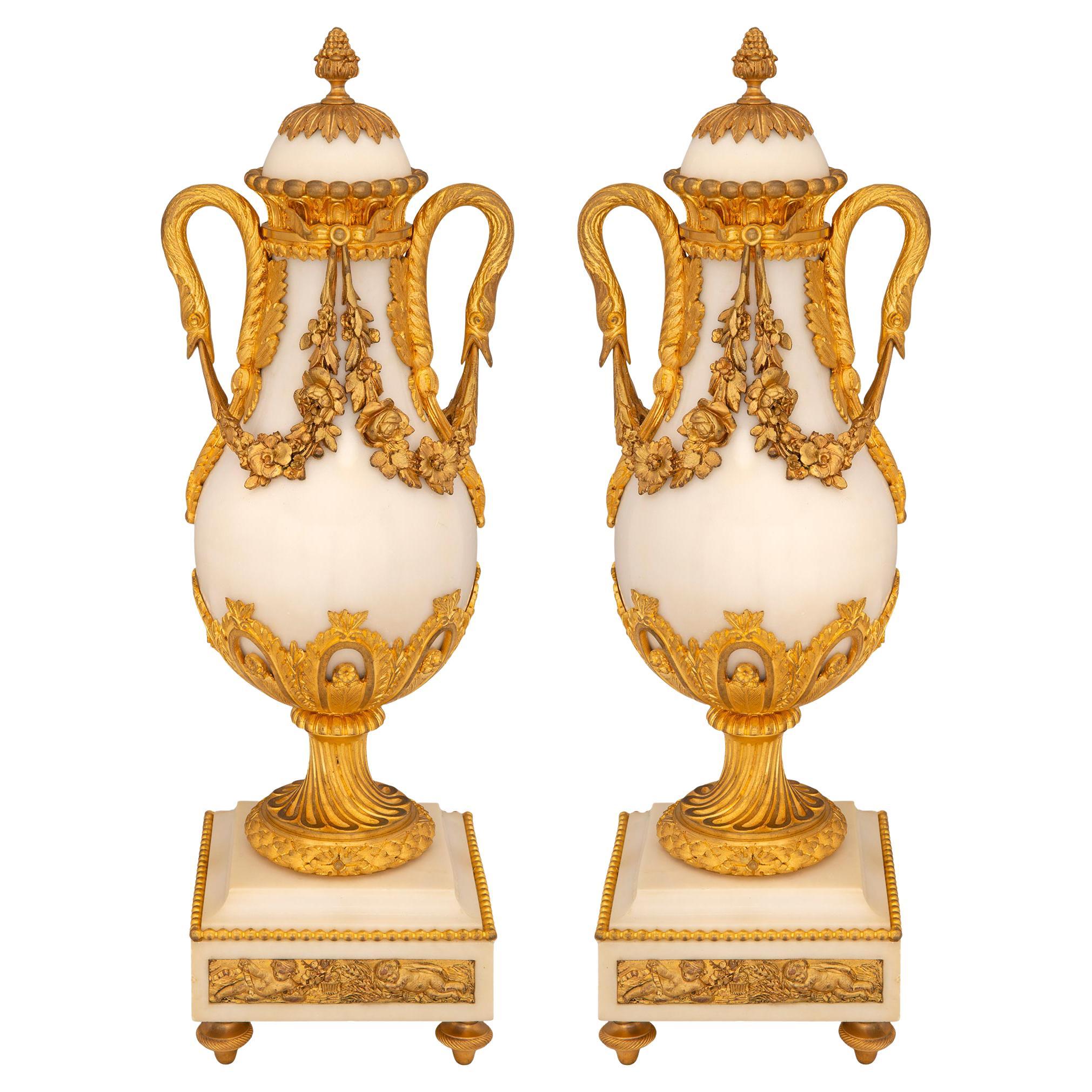 Pair of Mid-19th Century Louis XVI Style Marble and Ormolu Mounted Cassolettes