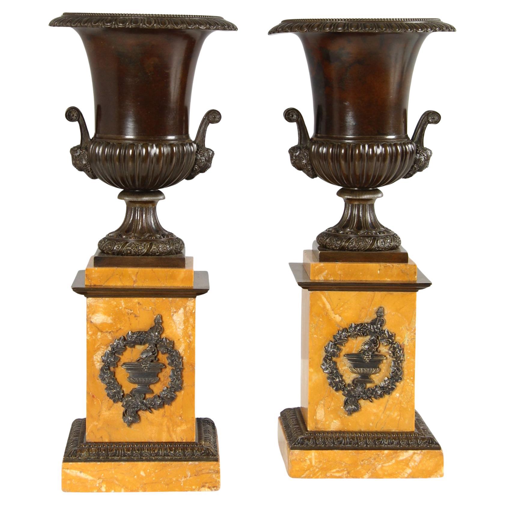 Pair of Mid 19th Century Medici-Vases, Patinated Bronze, Siena Marble, c. 1840