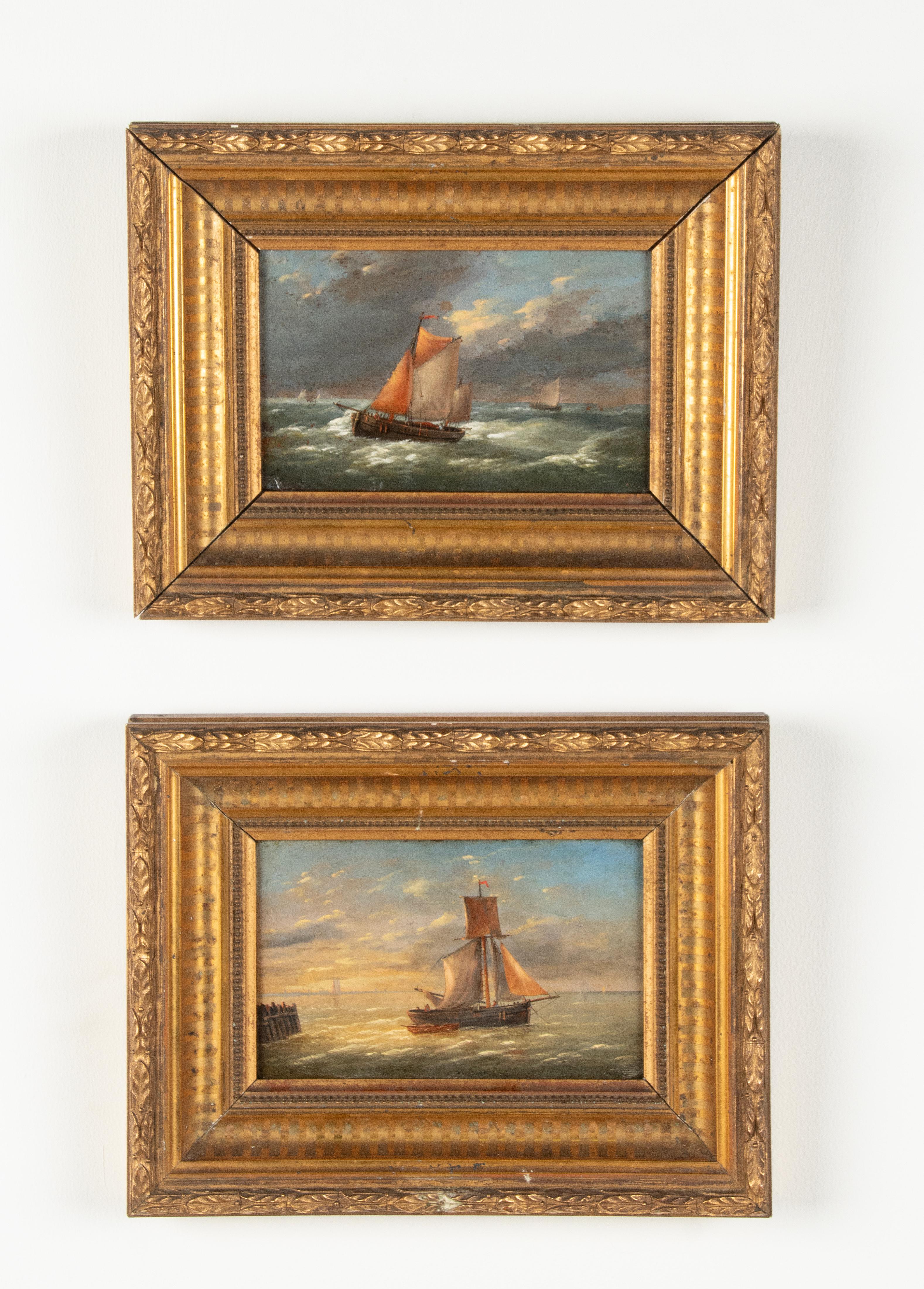 A lovely pair of small antique oil paintings of sailing boats on sea. They are painted on wooden panels (oak). 
They are framed in antique wooden gilt frames. They are not signed. 
One has some spots on the paint. Otherwise in good condition. Bright