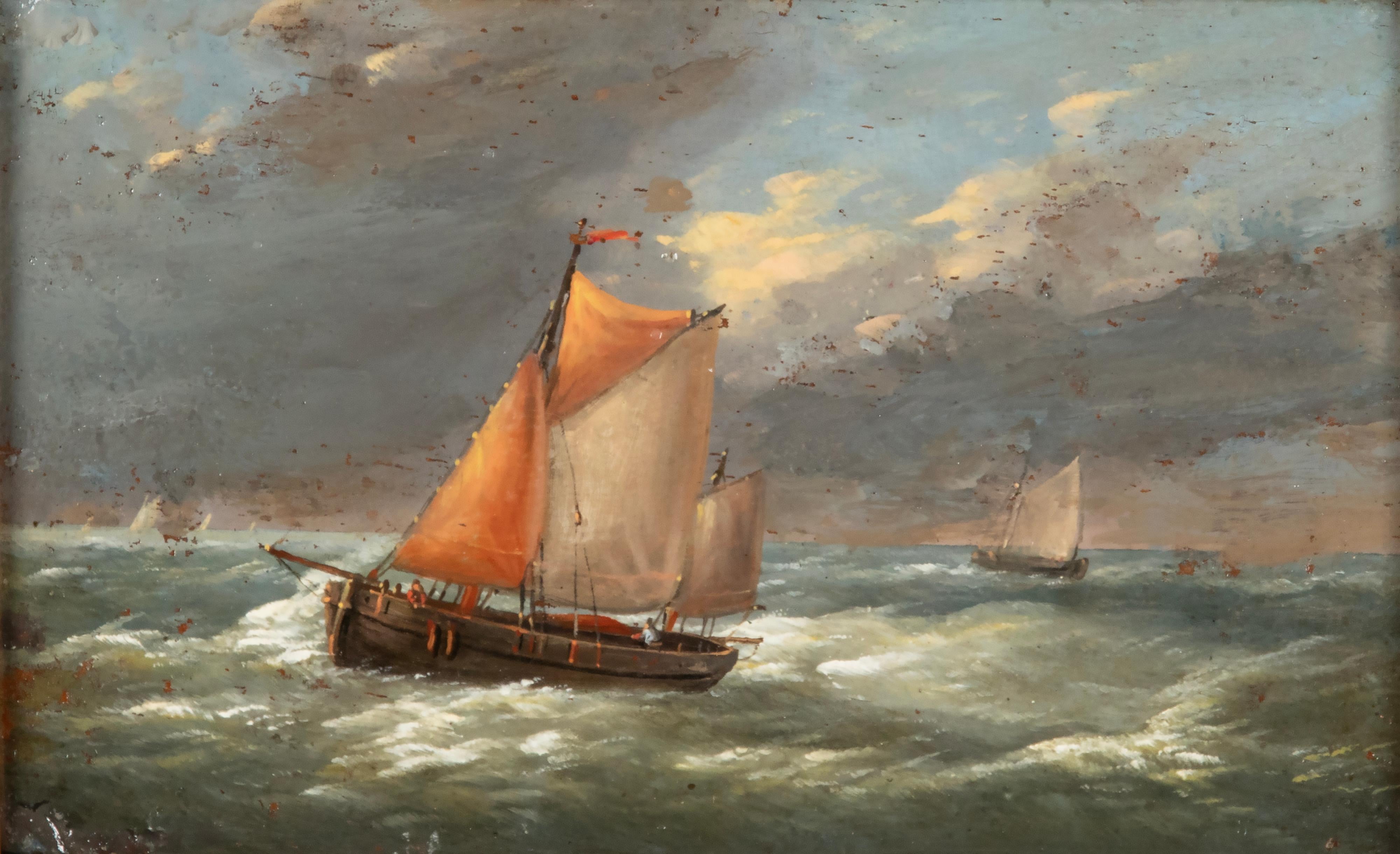 French Pair of Mid 19th Century Oil Paintings Sailing Boats