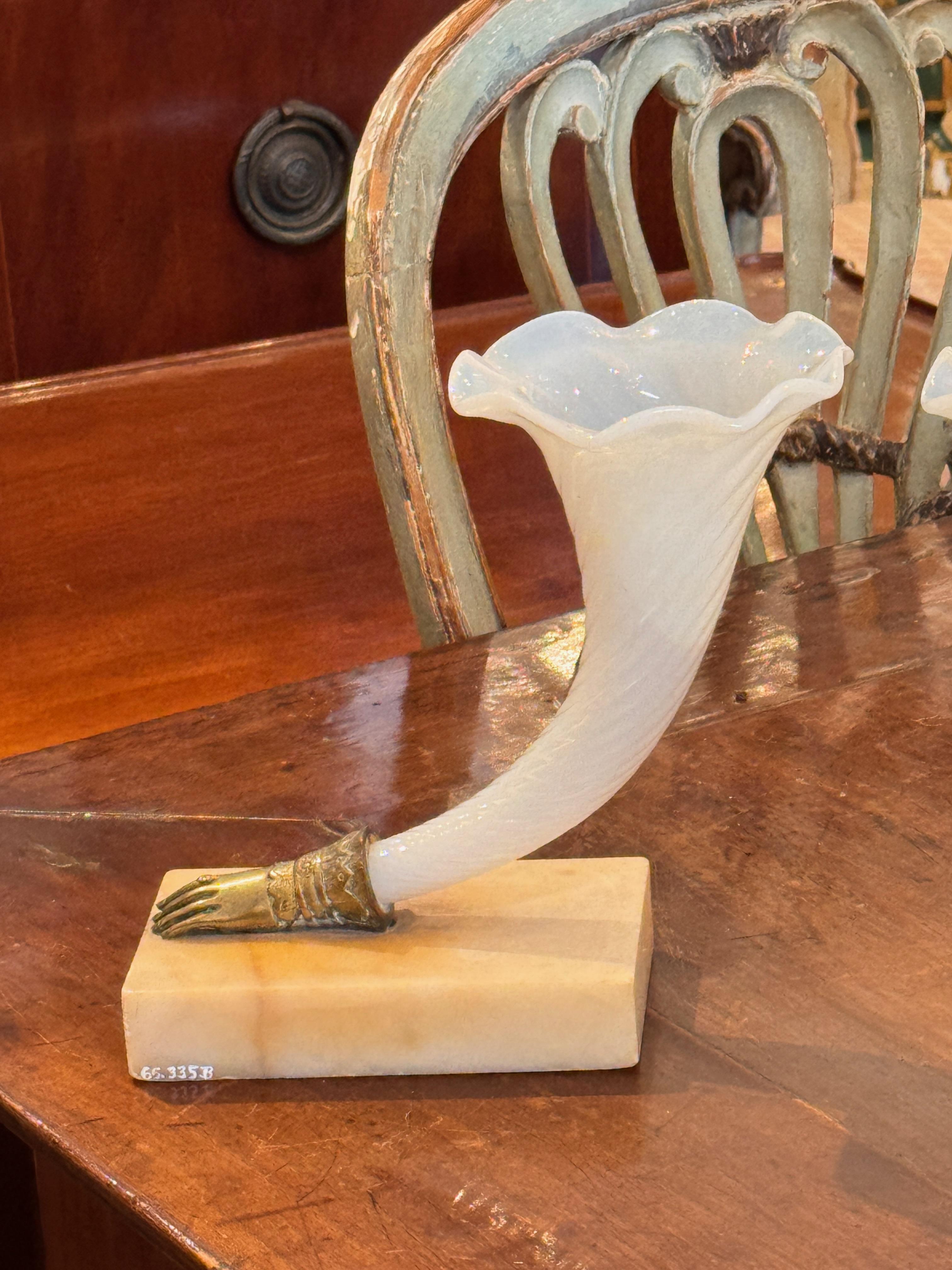 French Pair of Mid 19th Century Opaline Glass Cornucopia Vases on Stone Bases For Sale