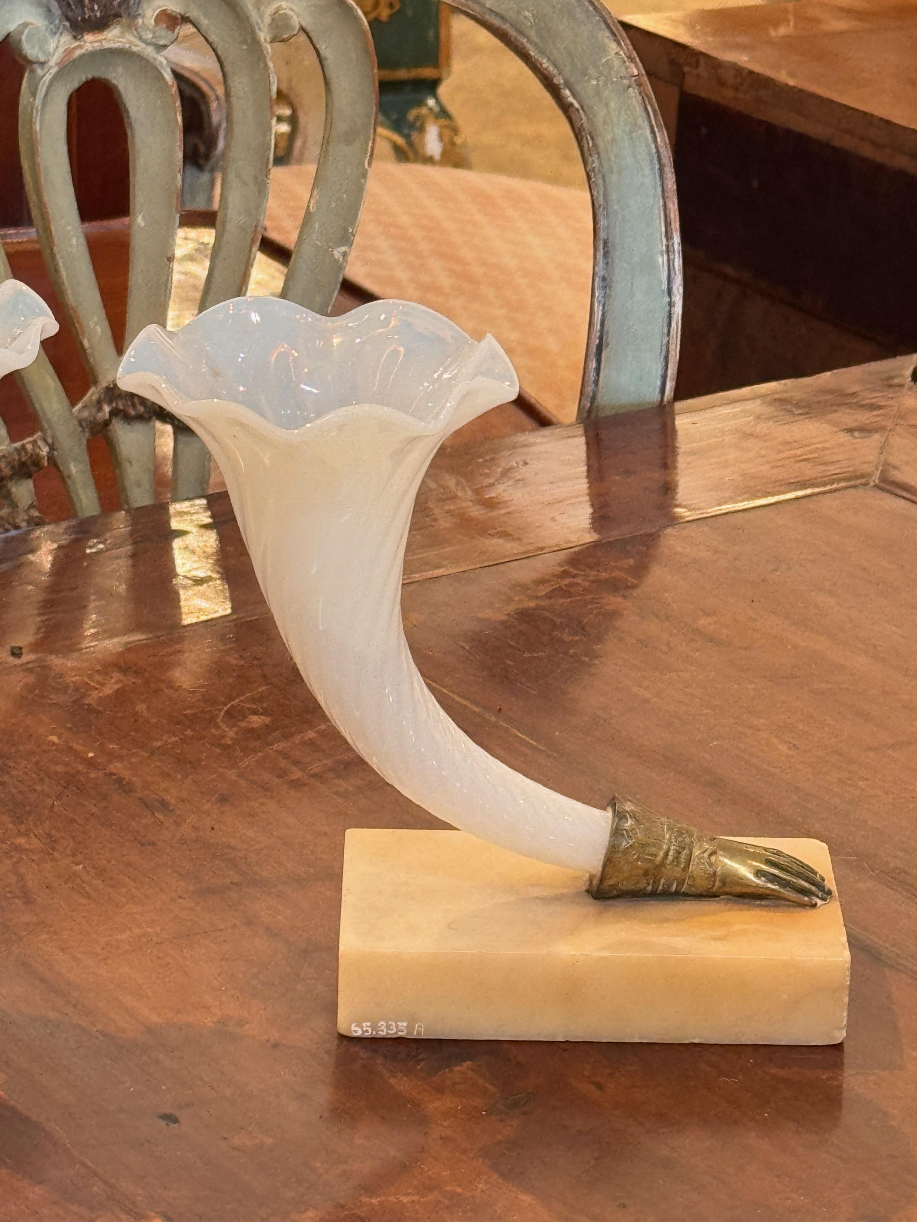 Pair of Mid 19th Century Opaline Glass Cornucopia Vases on Stone Bases In Good Condition For Sale In Charlottesville, VA