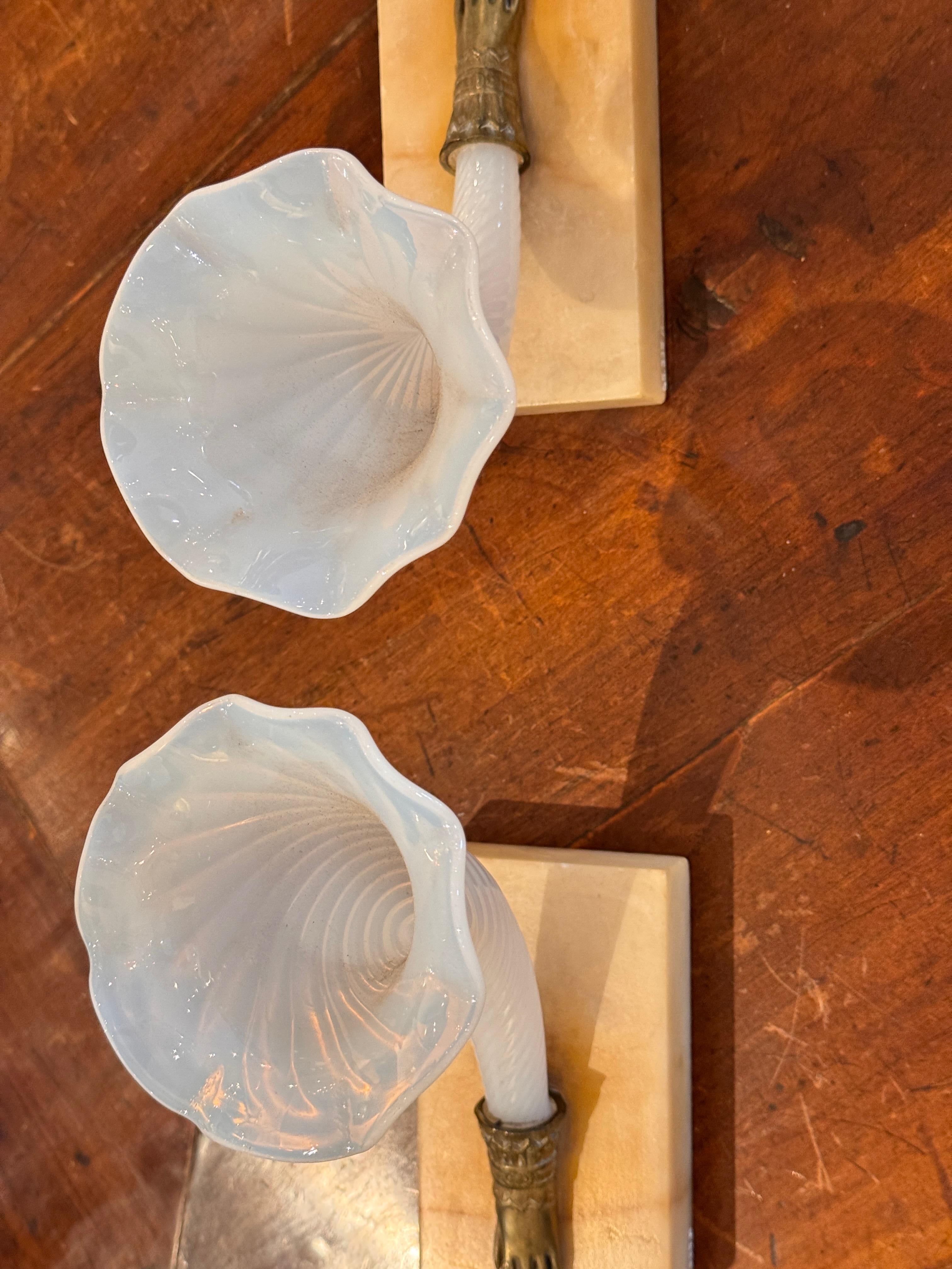 Pair of Mid 19th Century Opaline Glass Cornucopia Vases on Stone Bases For Sale 3
