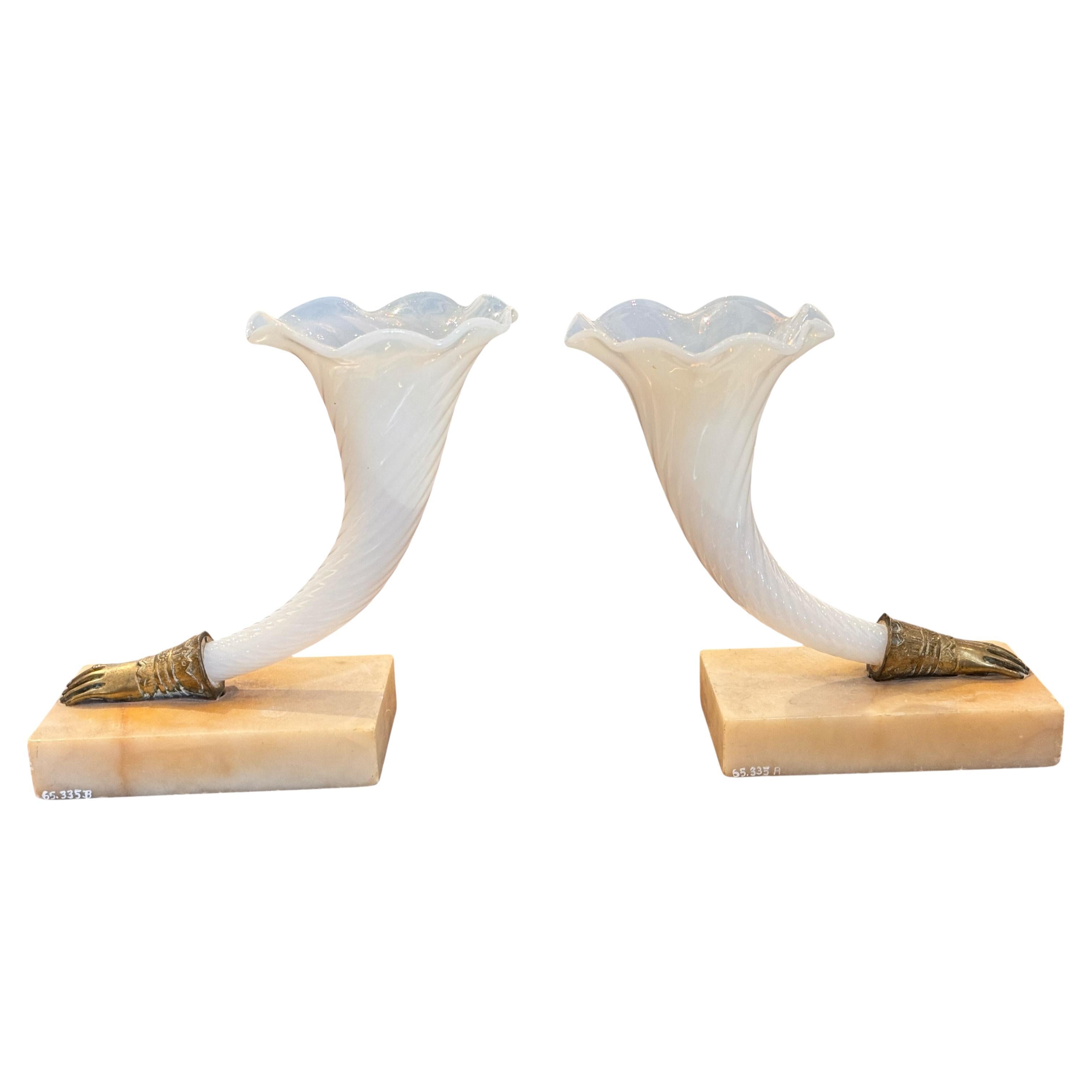 Pair of Mid 19th Century Opaline Glass Cornucopia Vases on Stone Bases For Sale