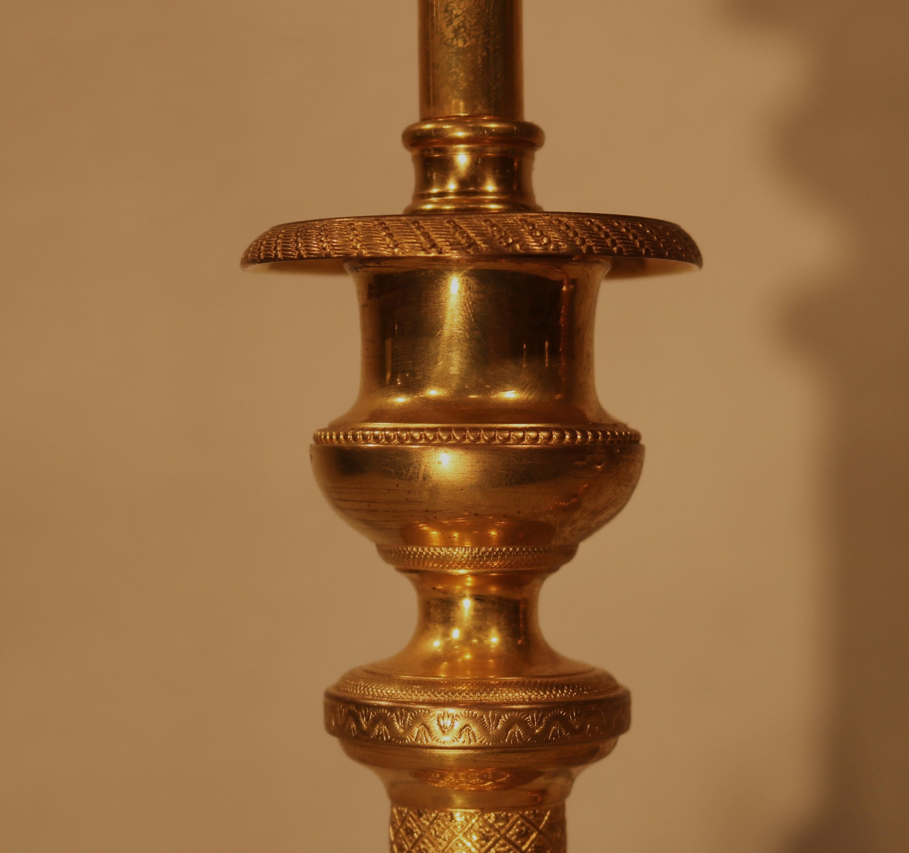 English Pair of Mid-19th Century Ormolu Candlestick Lamps For Sale