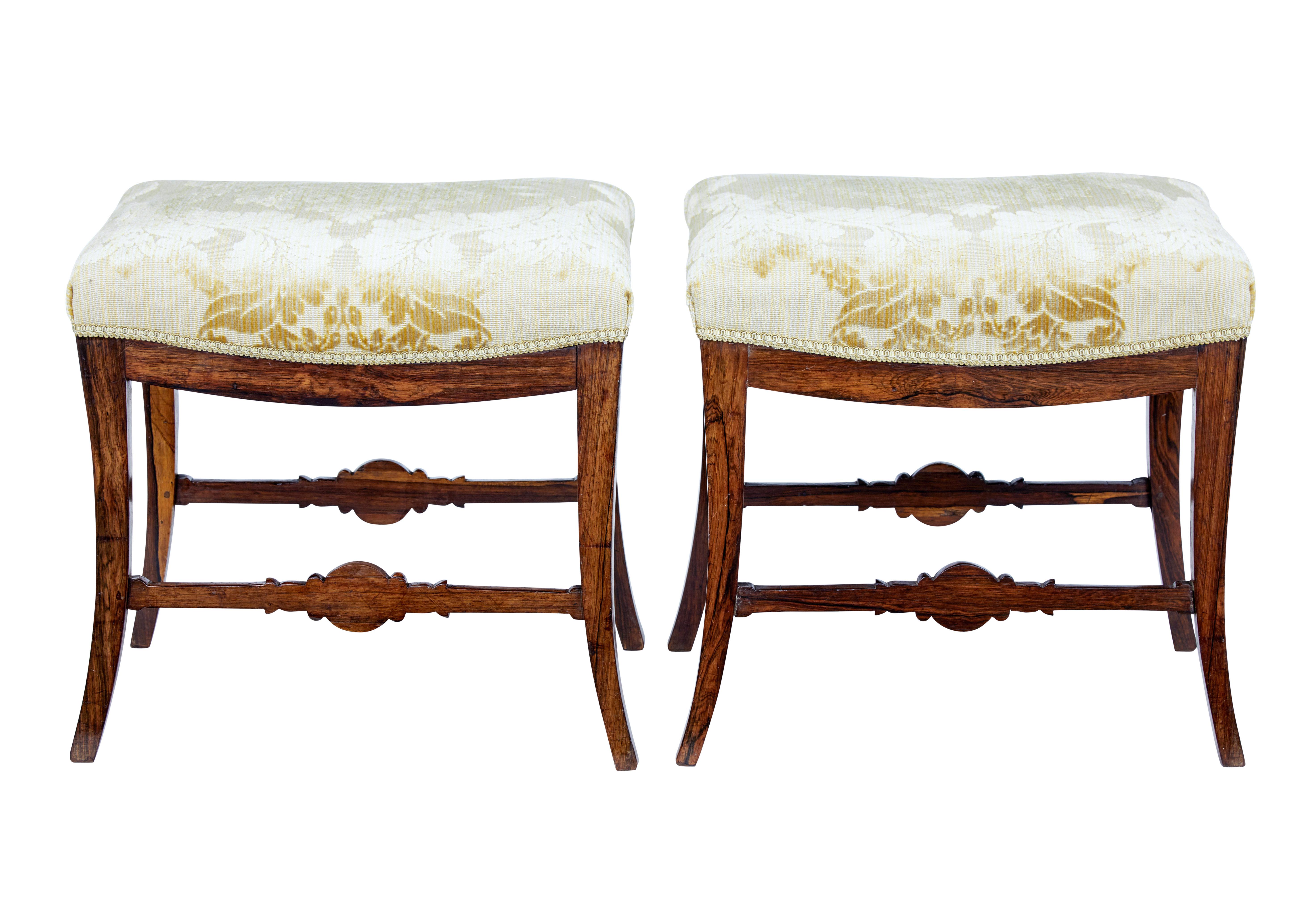 Pair of mid 19th century palisander stools circa 1860.

Fine quality pair of matching stools from the mid-19th century. Frames made from solid palisander with tapered legs and detailed stretcher. We have just had these stools re-upholstered in a