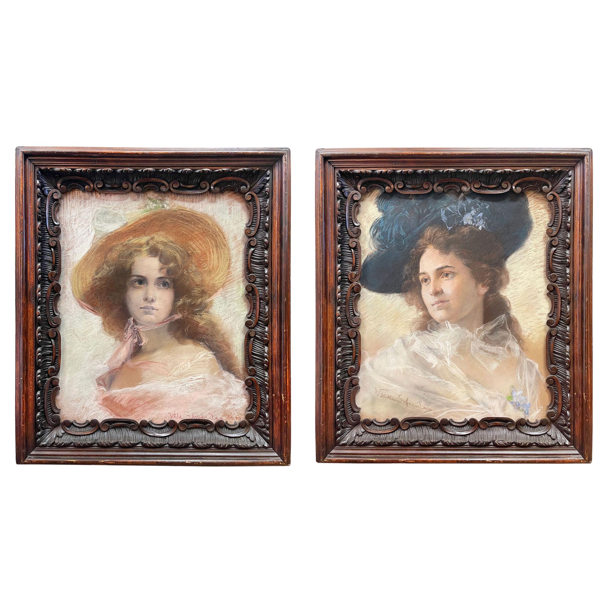 Pair of Mid 19th Century Portraits of Two Young Women Pastel Drawings