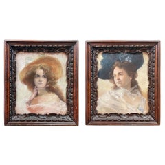 Pair of Mid 19th Century Portraits of Two Young Women Pastel Drawings