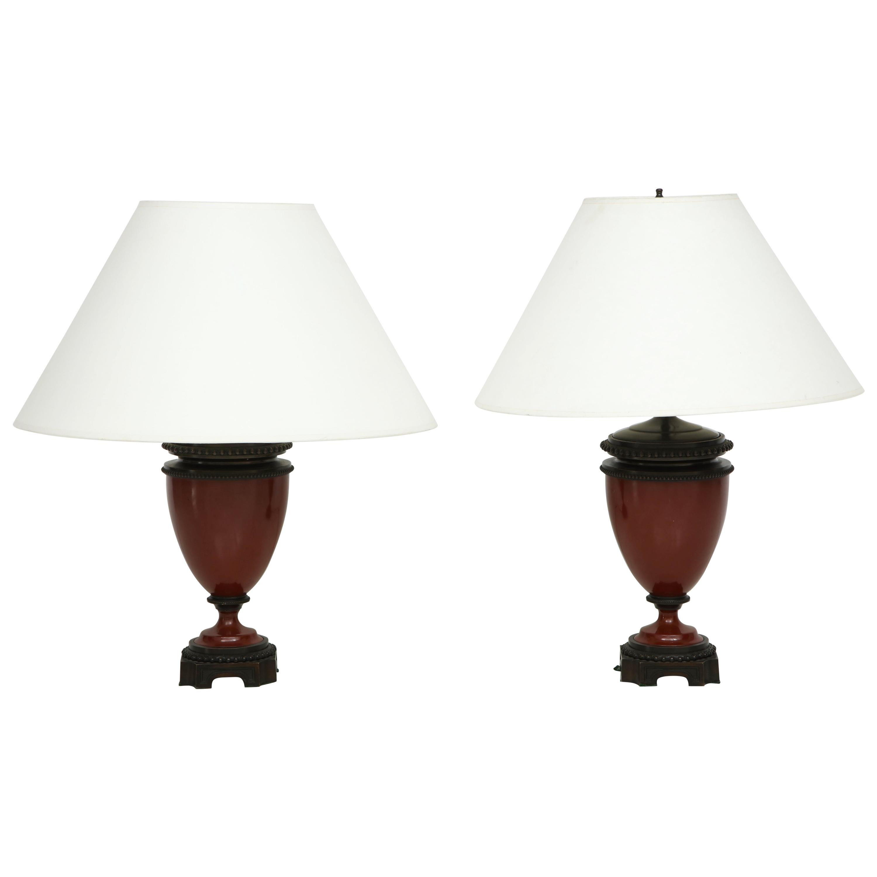 Pair of Mid-19th Century Red Porcelain and Patinated Bronze Vase Shaped Lamps For Sale