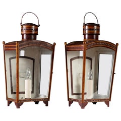 Pair of Mid-19th Century Red Tole Metal Wall Lanterns with Glass Panels