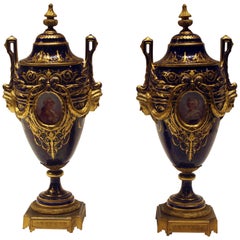 Pair of Mid-19th Century Signed Serves Lidded Urns