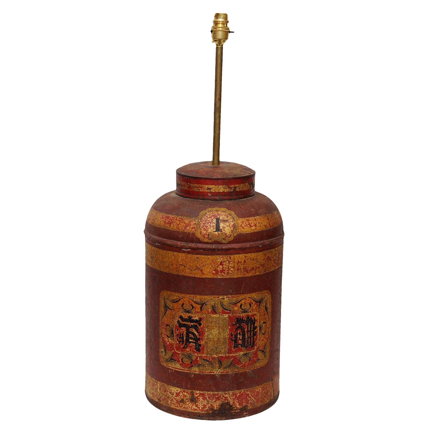 This is a rather charming pair of mid-19th century tole tea canister table lamps, re-wired and PAT tested, circa 1860.

Measures: height 68 cm (26.7