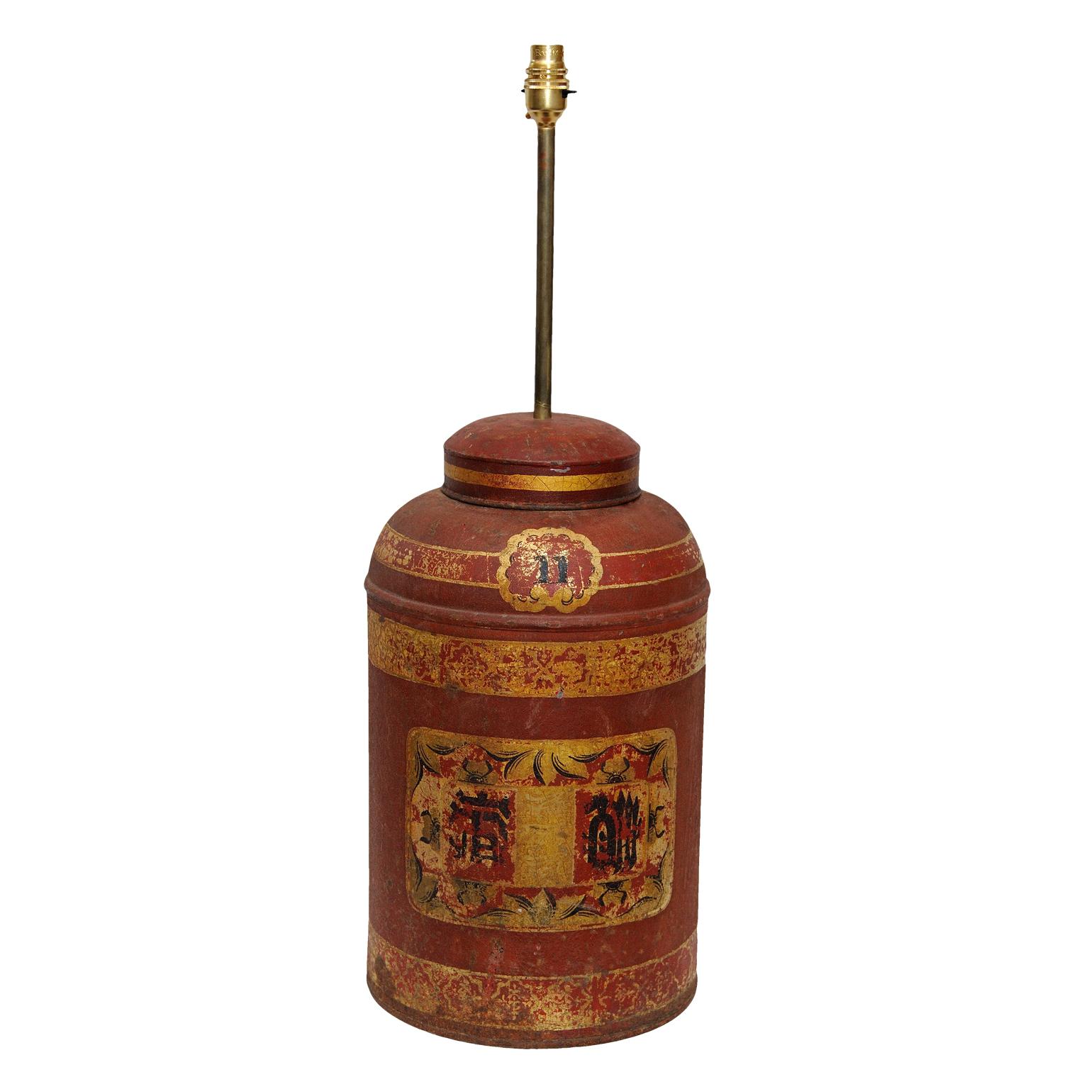 English Pair of Mid-19th Century Tole Tea Canister Table Lamps, circa 1860 For Sale