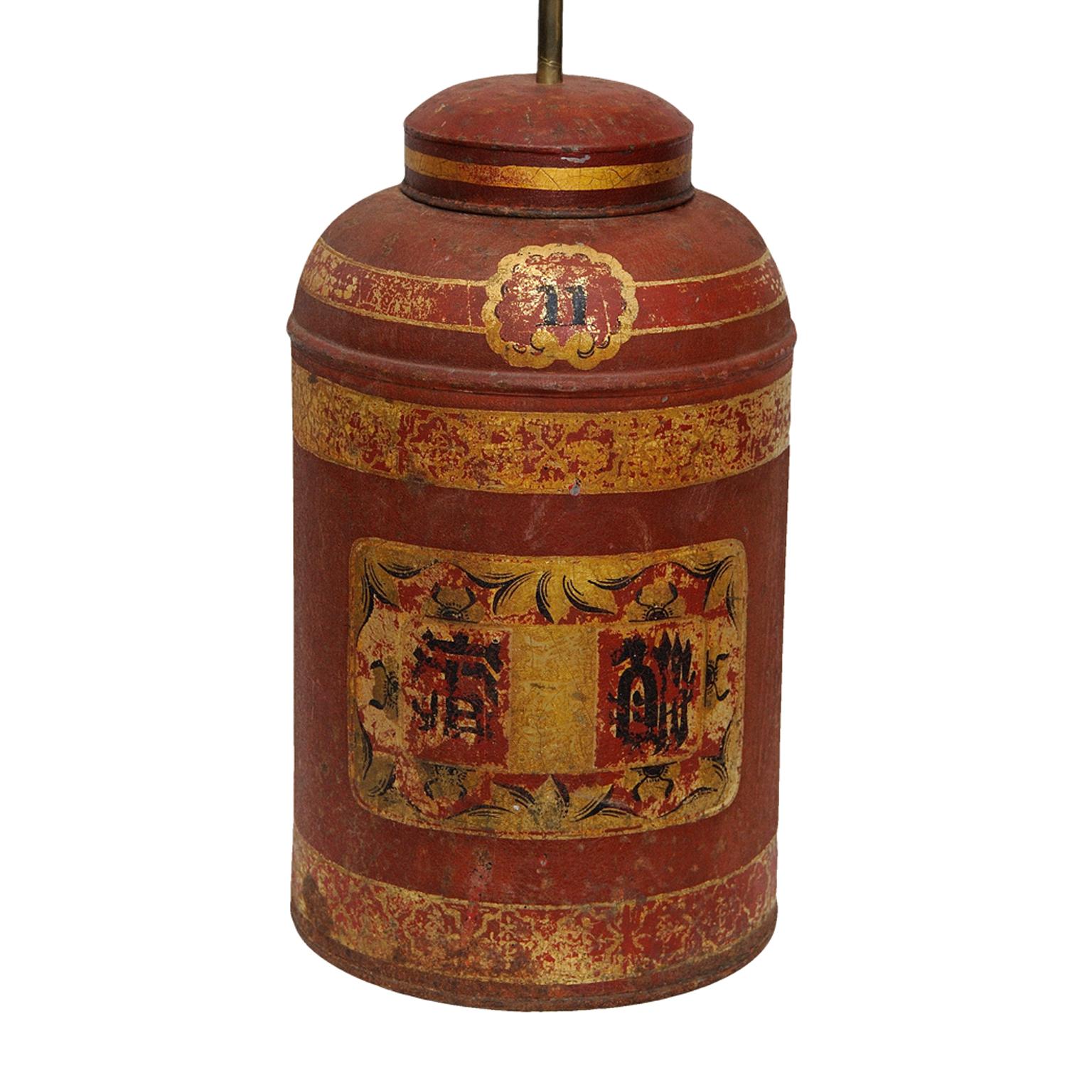 Hand-Painted Pair of Mid-19th Century Tole Tea Canister Table Lamps, circa 1860 For Sale