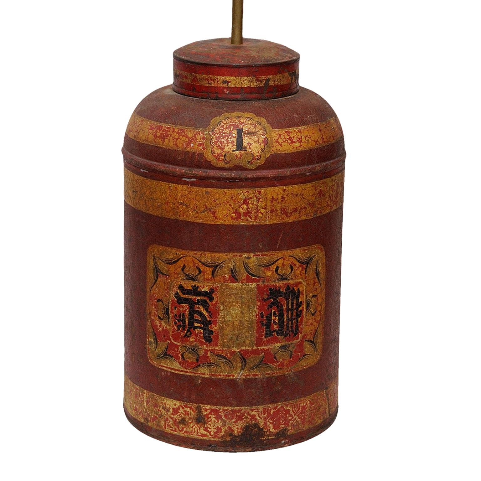 Pair of Mid-19th Century Tole Tea Canister Table Lamps, circa 1860 In Good Condition For Sale In Tetbury, Gloucestershire