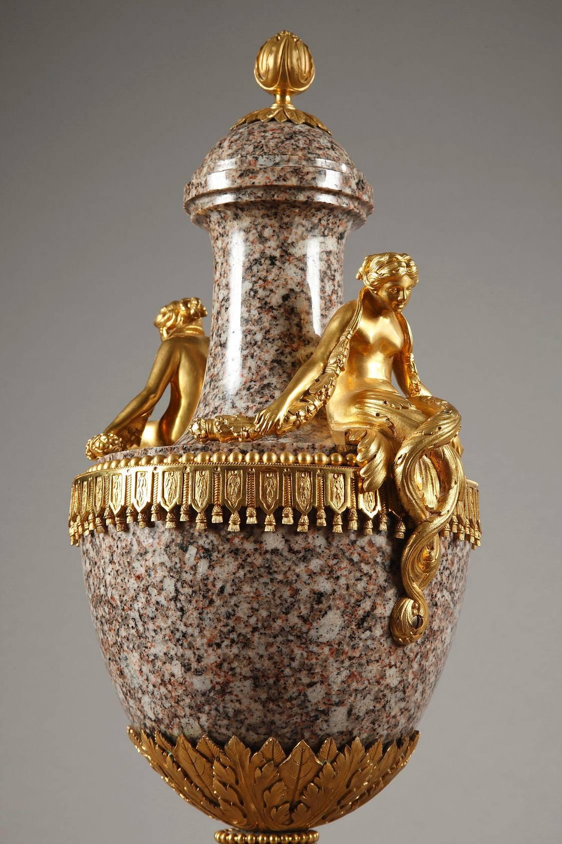 Pair of Mid-19th Century Vases in Ural Granite and Gilt Bronze, Louis XVI Style For Sale 1