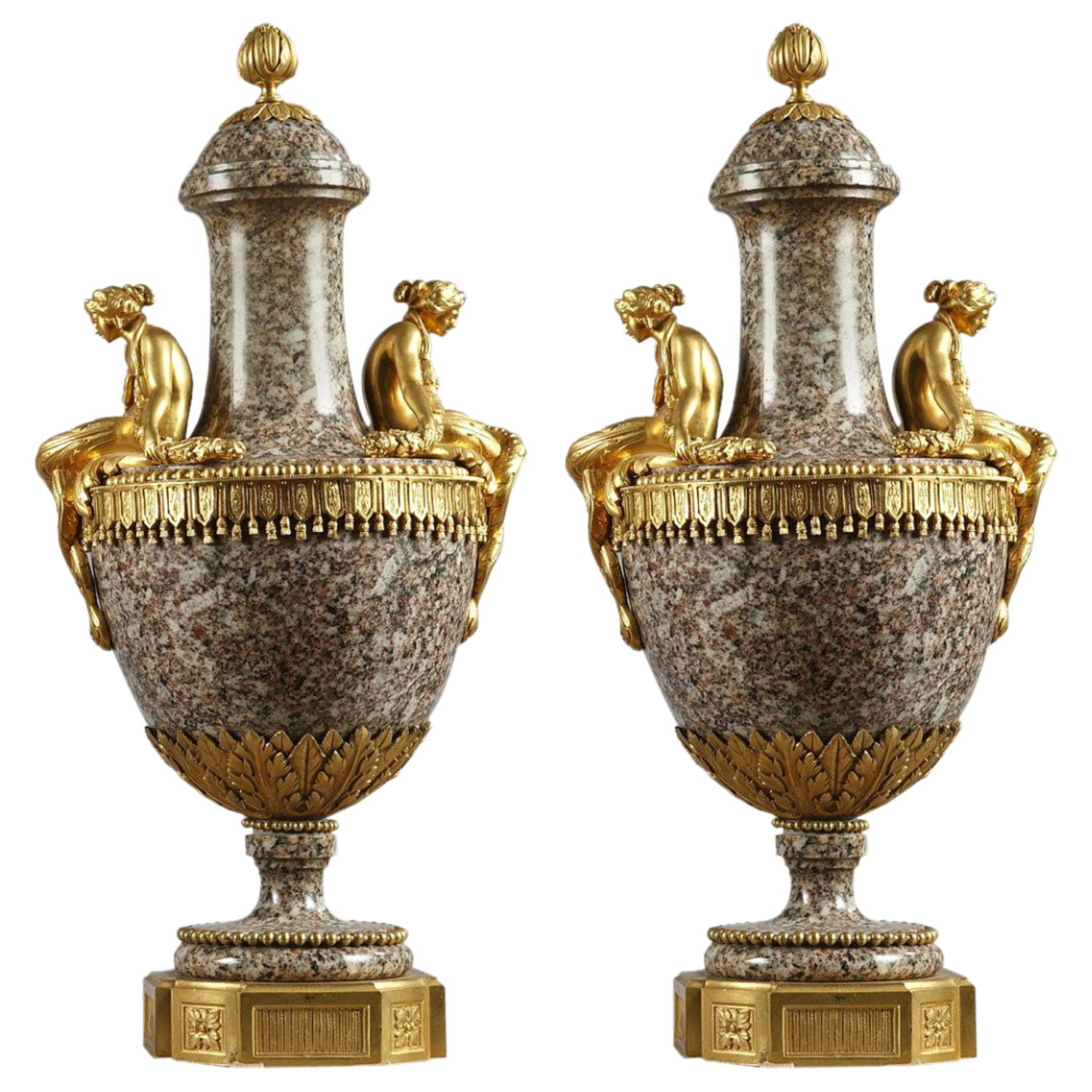Pair of Mid-19th Century Vases in Ural Granite and Gilt Bronze, Louis XVI Style For Sale