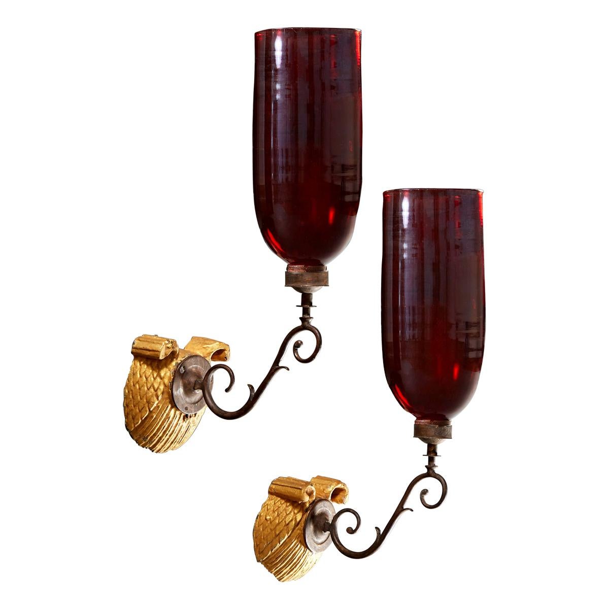 Pair of Mid-19th Century Wall Sconces with Red Glass Hurricane Shades