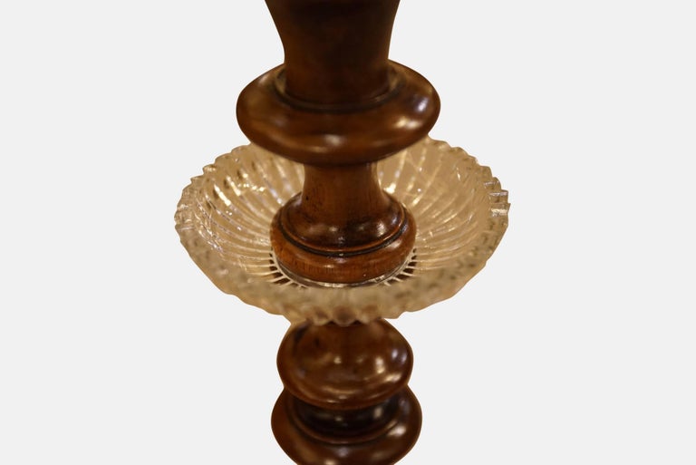 Pair of 19thc Carved Walnut Candlesticks with brass sockets and glass