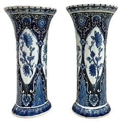 Pair of Mid-20th Century, Blue and White, Dutch Delft Open Fluted Vases