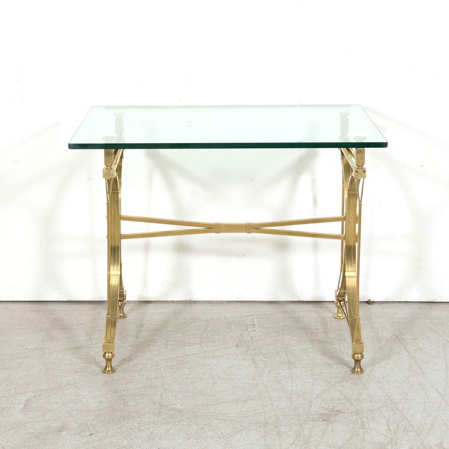 20th Century Pair of Mid-20th C French Gilt Brass & Glass Console Tables, Maison Jansen For Sale
