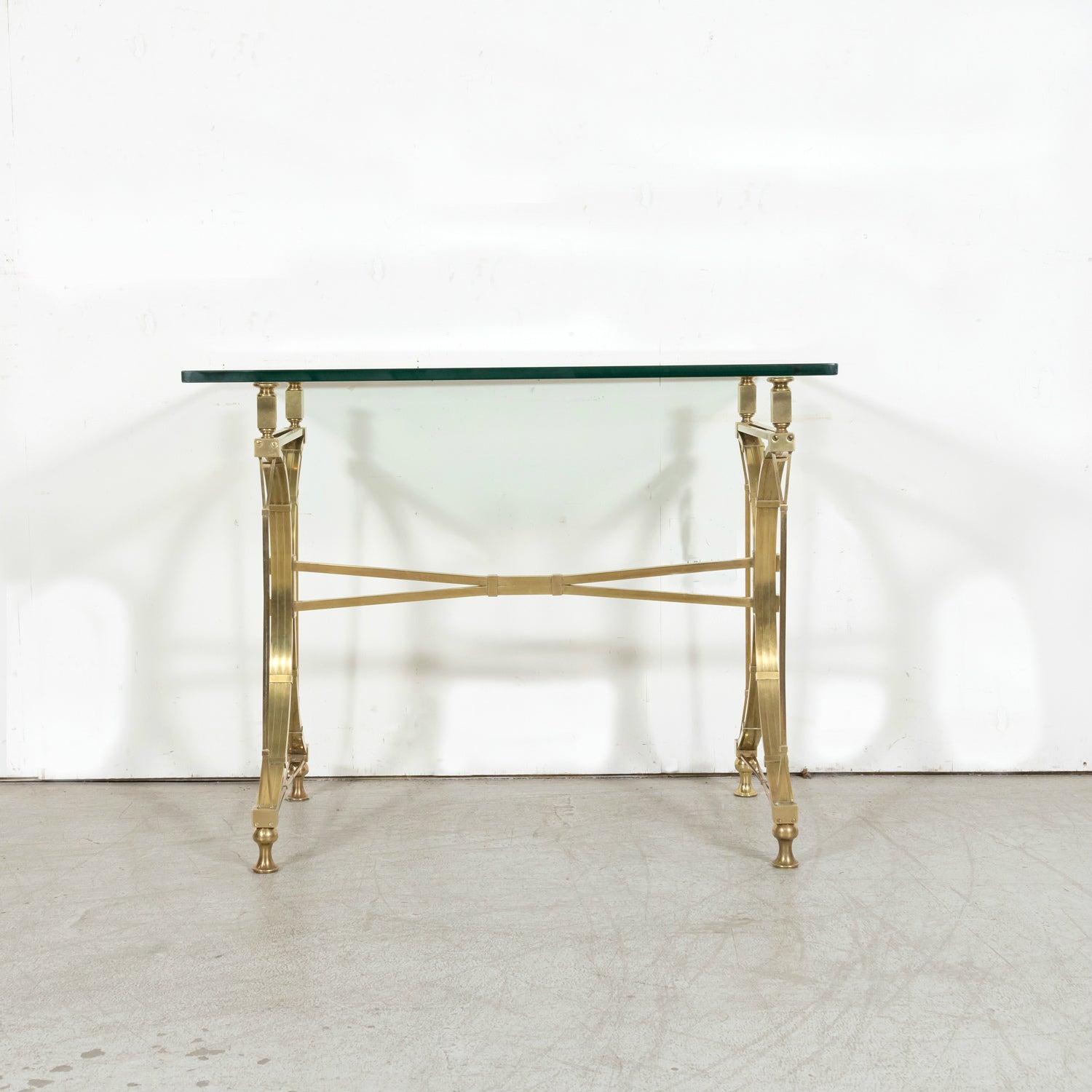 Pair of Mid-20th C French Gilt Brass & Glass Console Tables, Maison Jansen For Sale 1