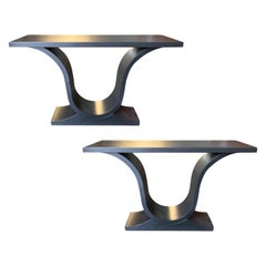 Pair of Mid-20th Century Art Deco Style Ebonized Teak U-Shaped Consoles