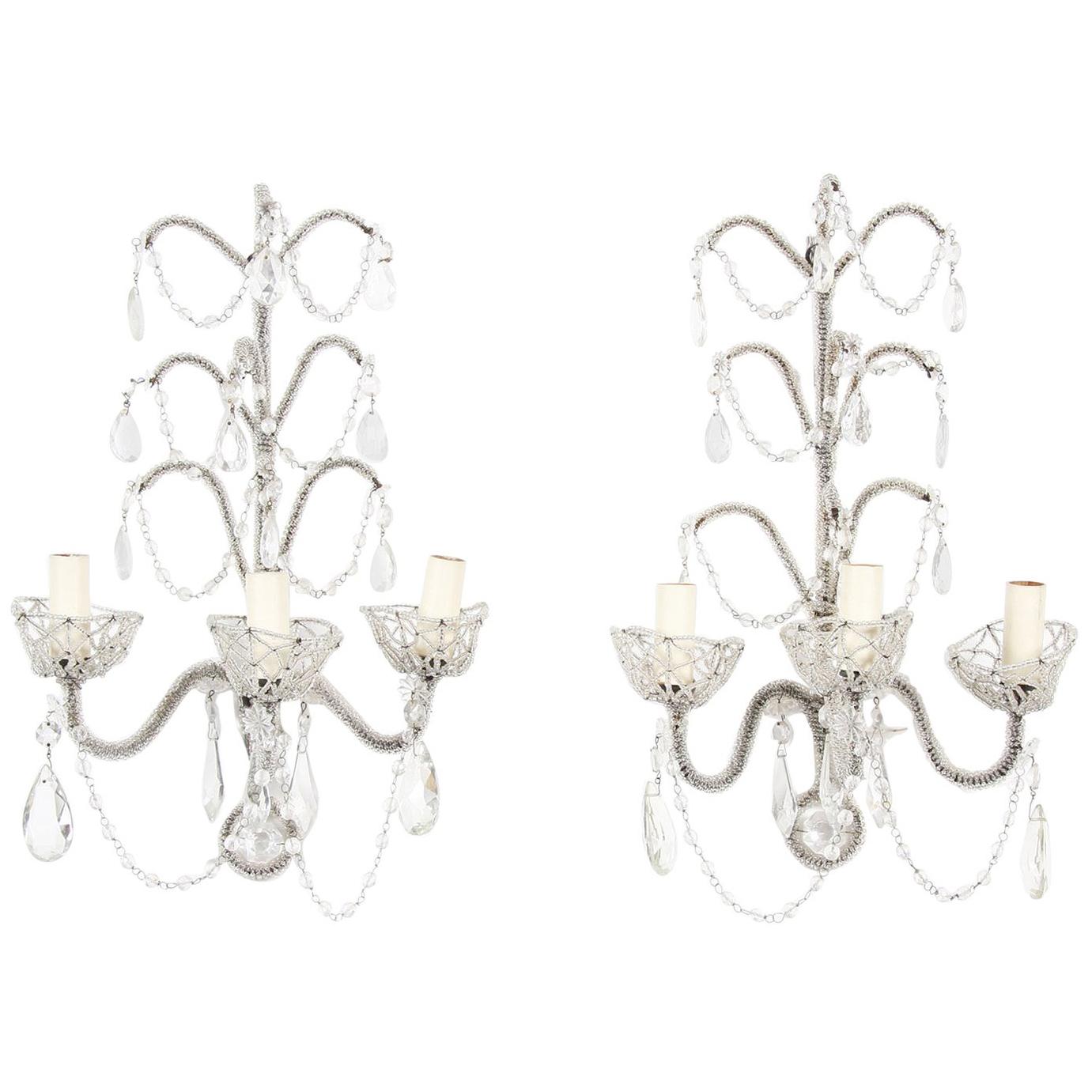 Pair of Mid-20th Century Bead Encrusted Wall Sconces For Sale