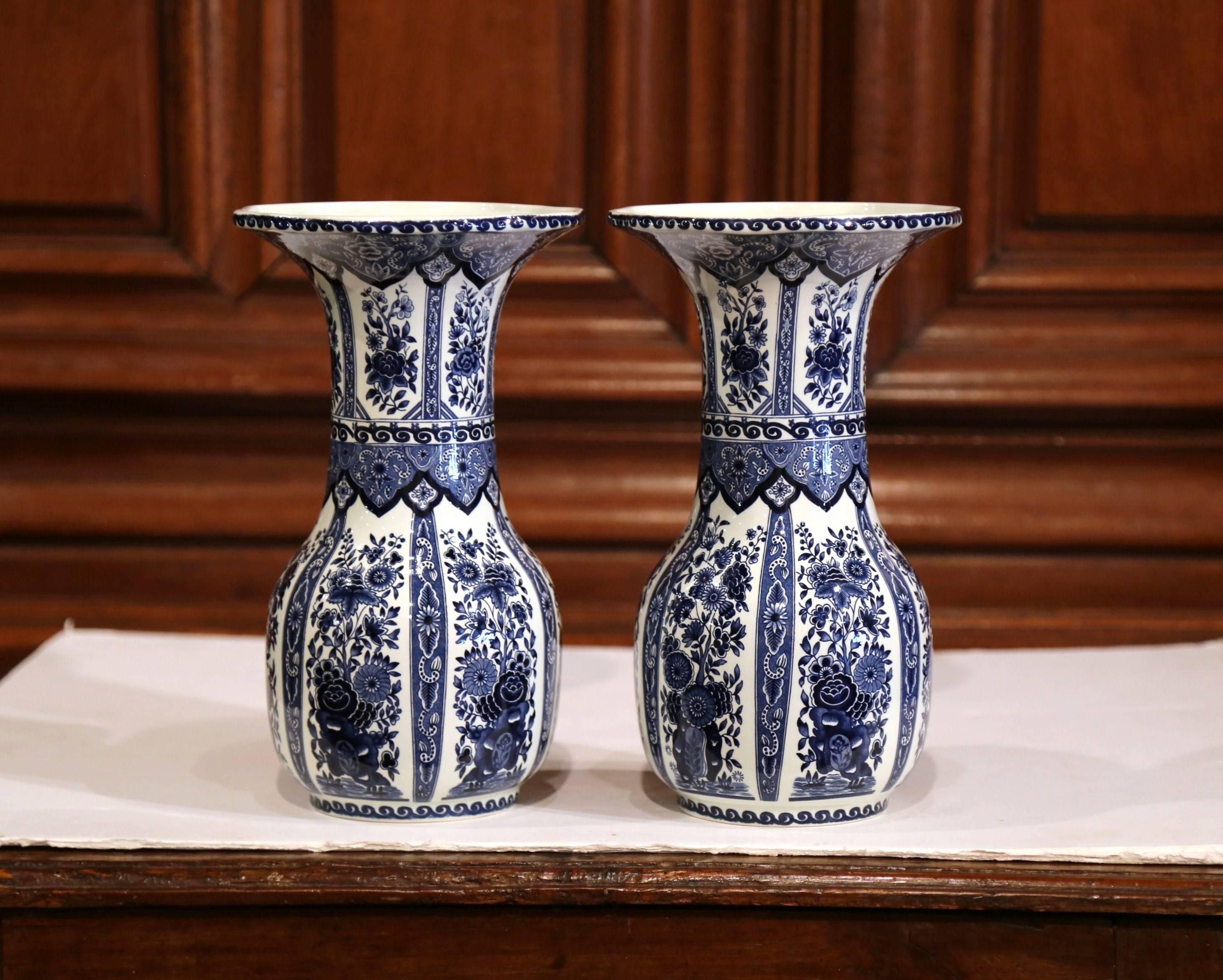 Belgian Pair of Mid-20th Century Belgium Blue and White Painted Faience Delft Vases