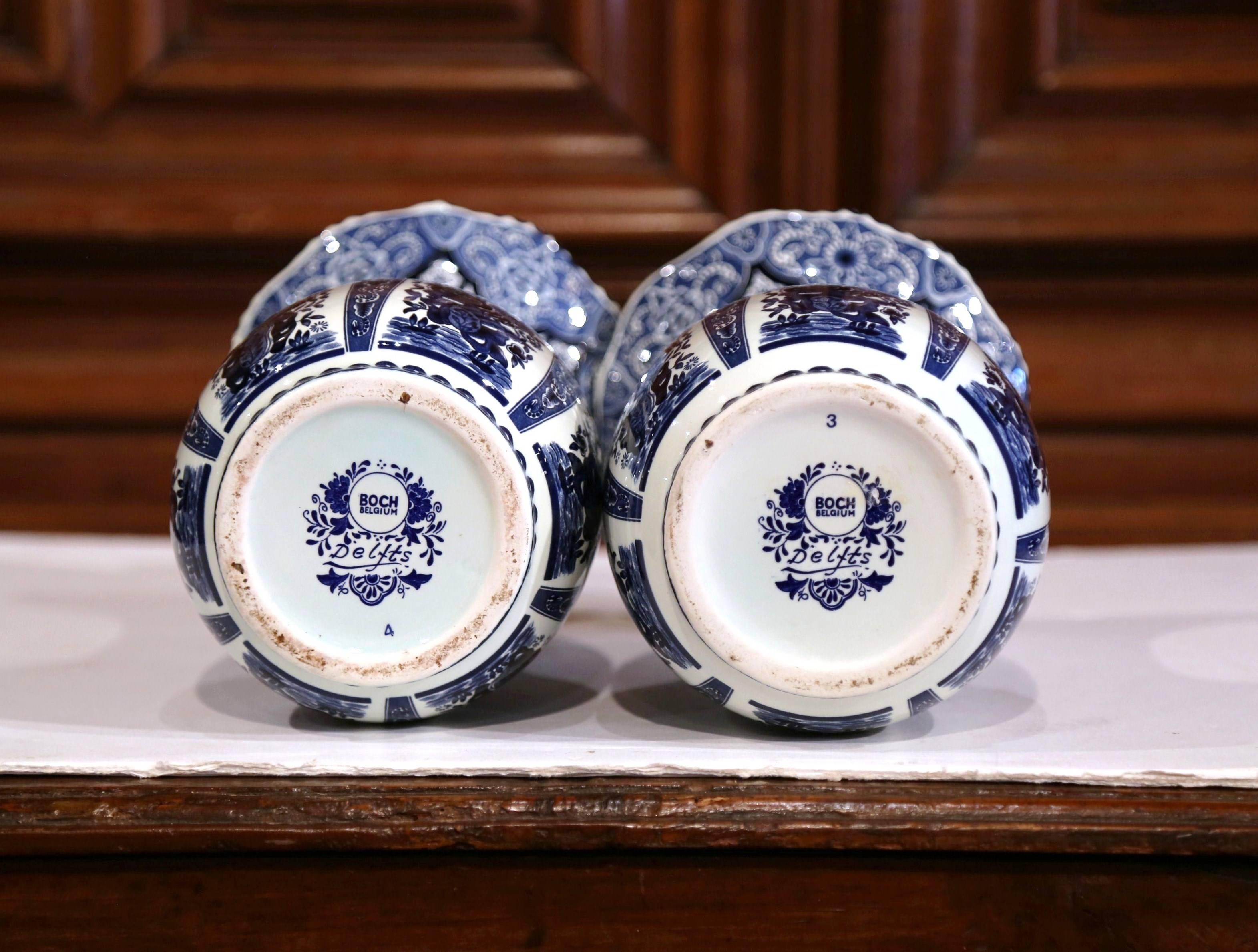 Ceramic Pair of Mid-20th Century Belgium Blue and White Painted Faience Delft Vases