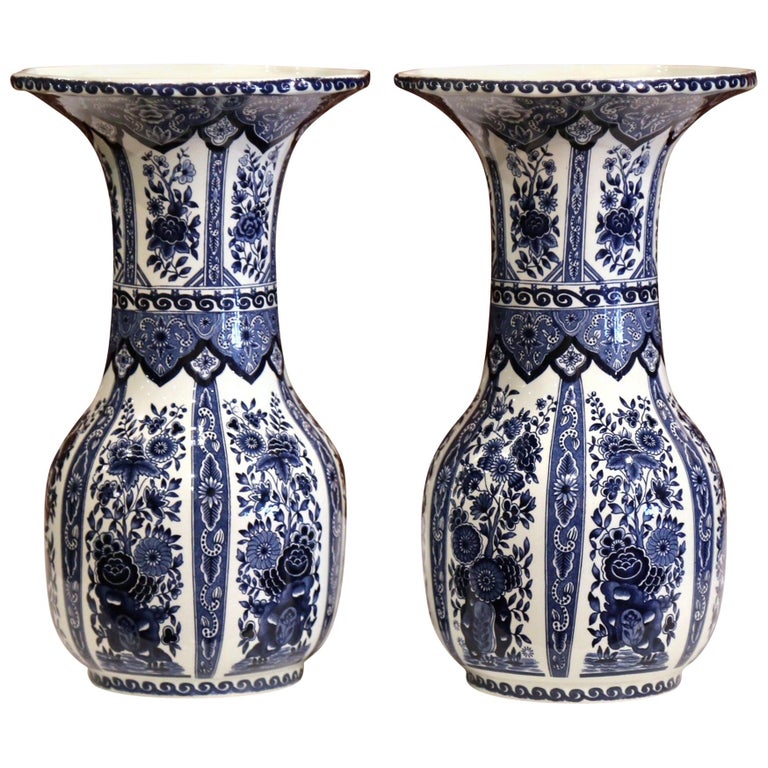 Pair of Mid20th Century Belgium Blue and White HandPainted Delft Vases For Sale at 1stdibs