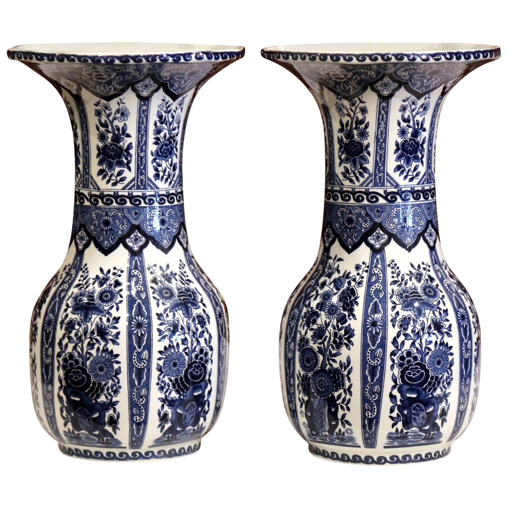 Pair of Mid-20th Century Belgium Blue and White Painted Faience Delft Vases