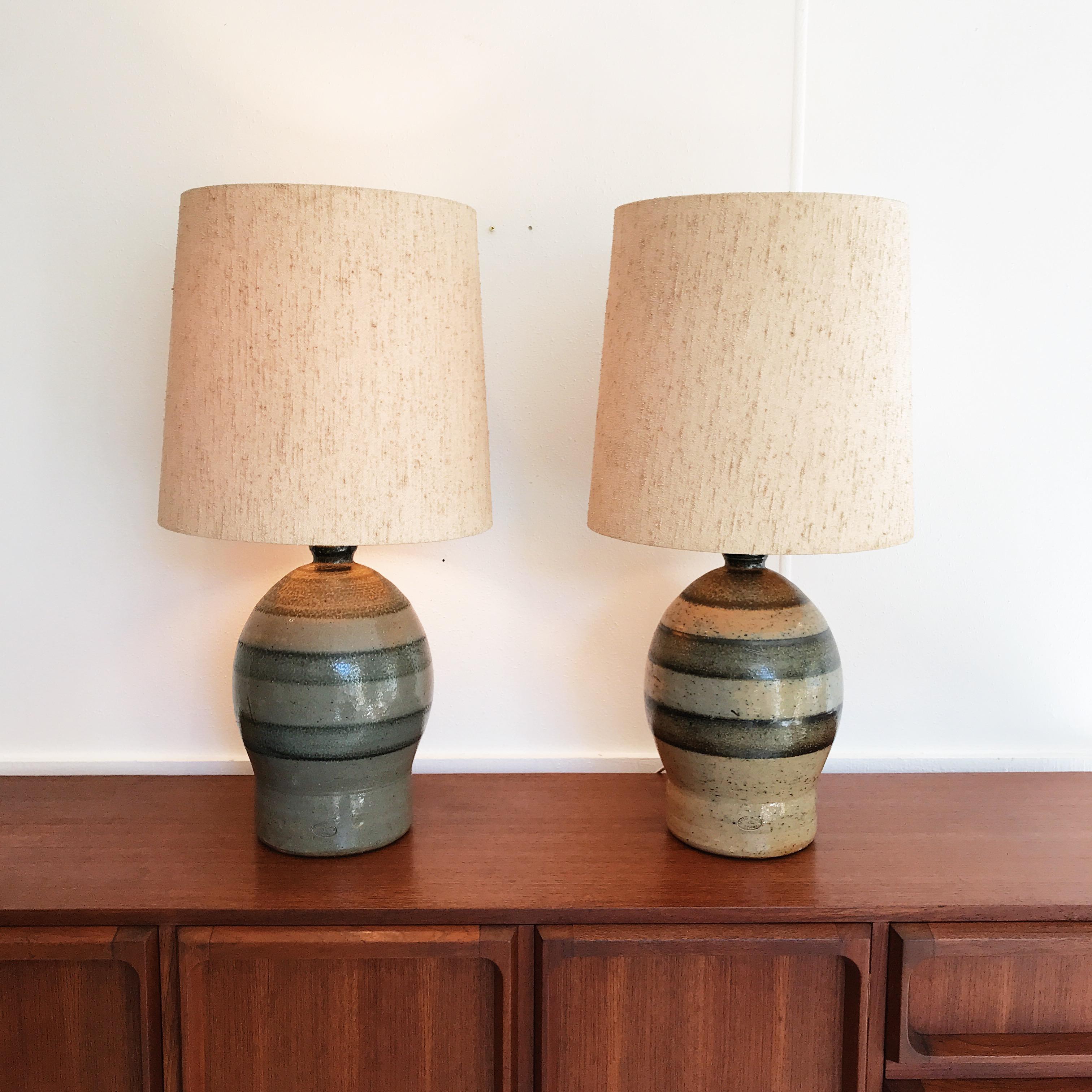 Mid-Century Modern Pair of Mid-20th Century Bendigo Pottery Table Lamps with Period Textured Shades