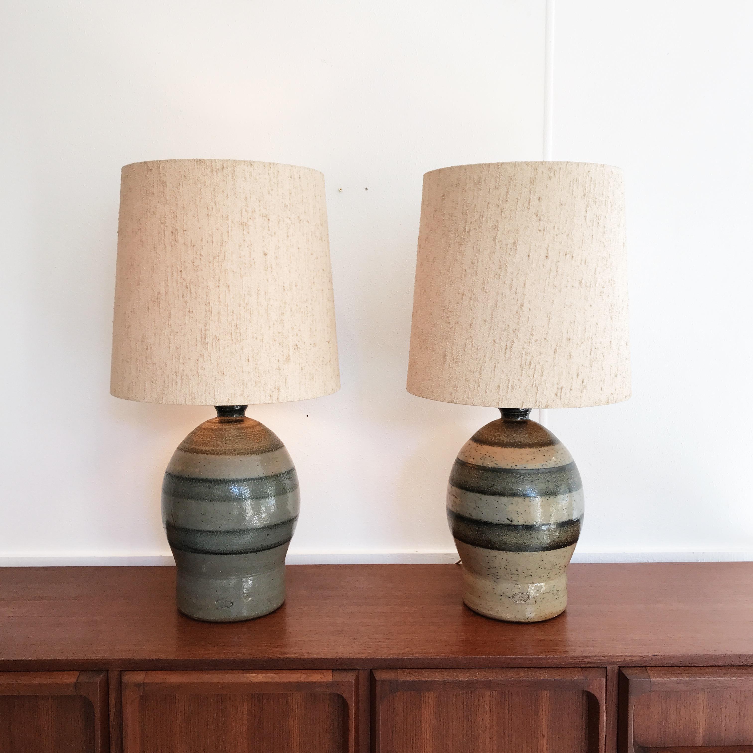 Australian Pair of Mid-20th Century Bendigo Pottery Table Lamps with Period Textured Shades
